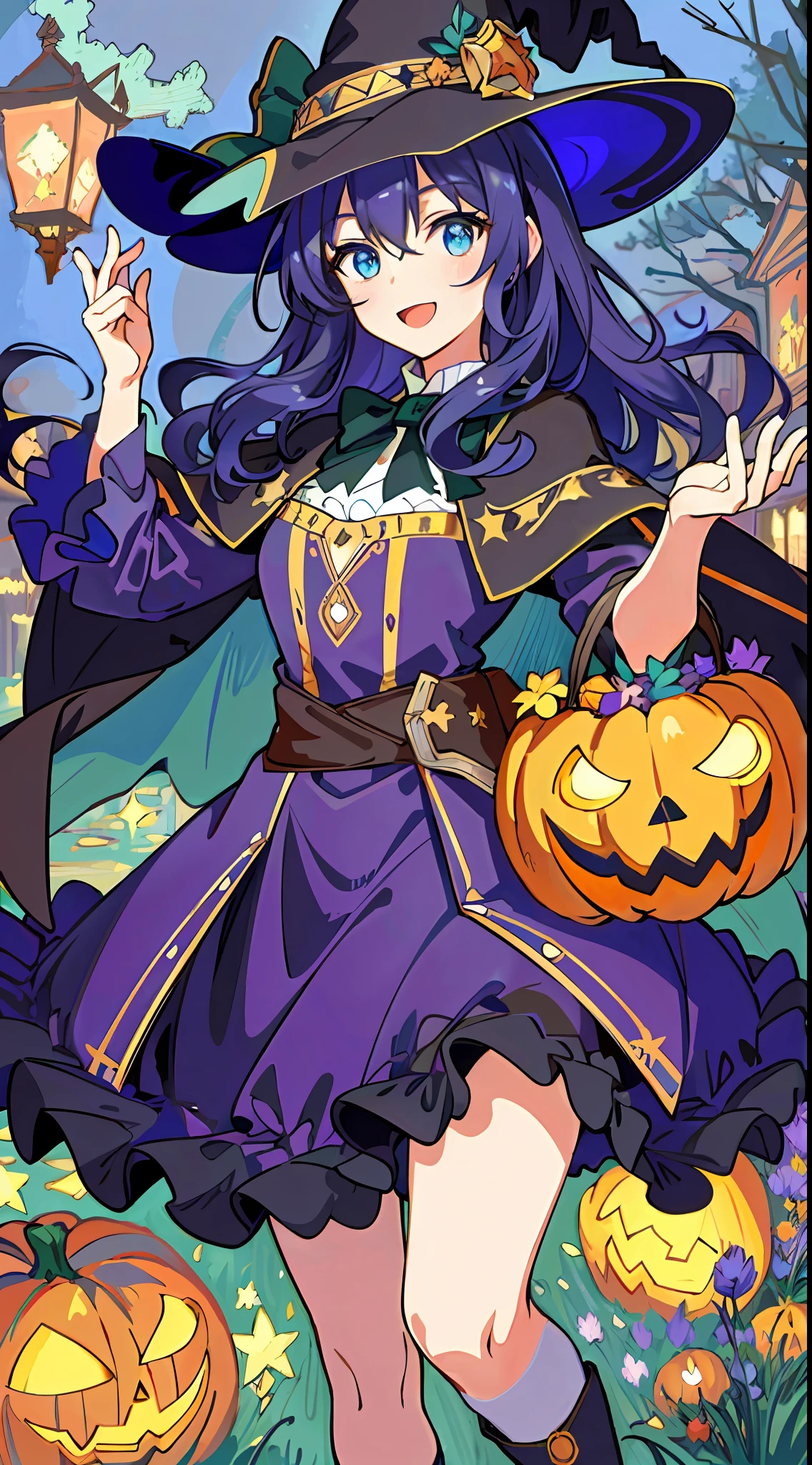 ((masterpiece:1.2, best quality)), 1girl, solo, (witch hat), a close up of a girl with curly hair, dress, aurora, night, star (sky), gloves, sky, dress, night sky, open mouth, starry sky, light blue eyes, ribbons, smile, cape, colorful hair, magic, casting spell, night, (impressionism:1.4), alphonse mucha, Halloween colors, colorful candy, magical lights, pumpkins, candies