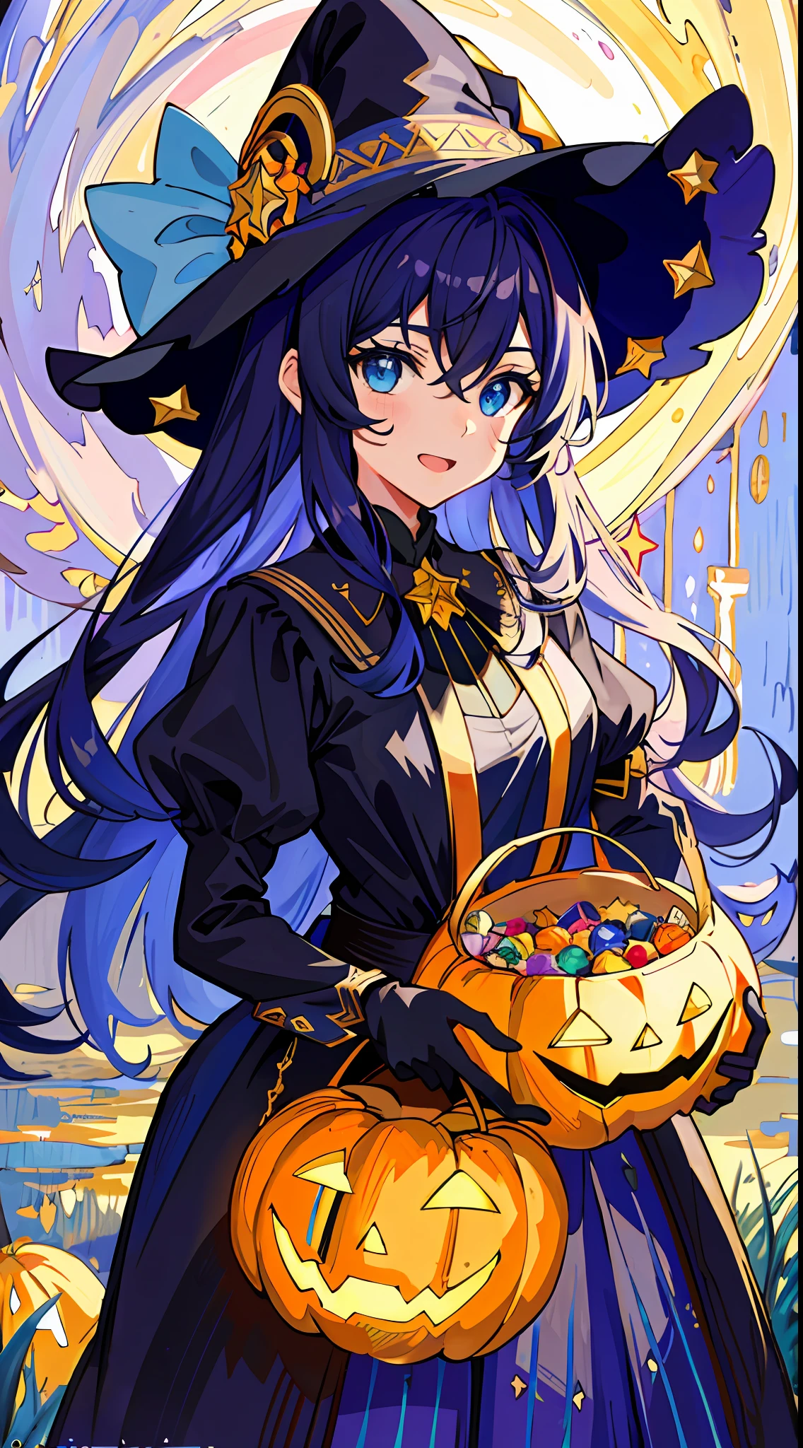 ((masterpiece:1.2, best quality)), 1girl, solo, (witch hat), a close up of a girl with curly hair, dress, aurora, night, star (sky), gloves, sky, dress, night sky, open mouth, starry sky, light blue eyes, ribbons, smile, cape, colorful hair, magic, casting spell, night, (impressionism:1.4), alphonse mucha, Halloween colors, colorful candy, magical lights, pumpkins, candies