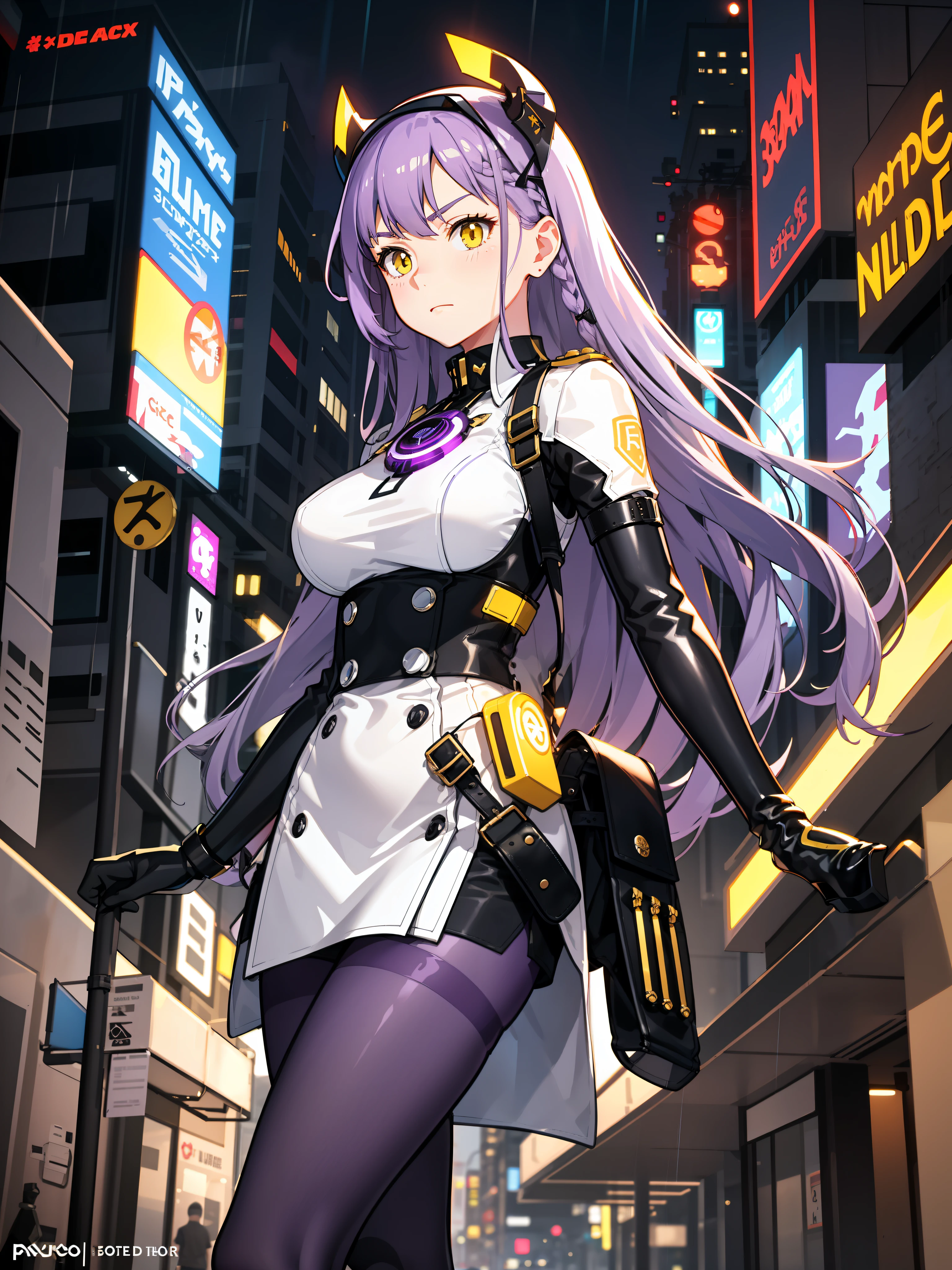 complex anime 3d render ultra detailed, (((masterpiece))), (((best quality))), ((ultra-detailed)),(3D Cartoon rendering),(from side),cinematic light,((single mechanical girl,alone)),({best quality}),(Ultra Fine),(full detail),delicate youthful face,well_developed curves,hourglass_figure,perspective,beautiful_face,high_quality_outfits,futuristic_outfits,silght_blush,full_body,full detail face,protective outfits,Honkai_Star_Rail,anatomical,Ray Tracing,Isomeric_view,
(purple hair:1.5),indigo hair tips,two strand of deep violet hair framing face,violet ahoge, (waist-length flowy),(one sharp triangle-shaped white mechanic head ornament at left side,tilting inwards);(vivid glowing amber to yellow gradient eyes:1.9, silt pupil),yellow goggle eyeglasses on headwear,yellow necklace
Futuristic dress outfit,mechanic gadgets,elegant and modest outfits,black collar,black long slender sleeves,white short cape on back,black arm bracers,white bracelets,black gloves,white vest,white tanktop with violet lines,black mechanic corset with a pair of golden buttons,golden square badge on breast,violet zipper,violet traces, violet gadget holster attached to waists,white waist pack,violet waistband,(white scifi armor skirts,knee-length asymmeric segmented hems),(black streamline plain tassets),violet knee-length dress,black shorts,(black and violet pantyhose),golden mechanic gartener belt around left leg,silver waistband with gadget holsters,knee bracers;black combat boots,heeled boots;
calm expression,brooding,stretching hands,standing,looking forwards
Night,alone in streets of neon-lit scifi city in background,in burstling streets,raining weather,silpery streets,silghtly raining,tyndall effect,standing on pavement