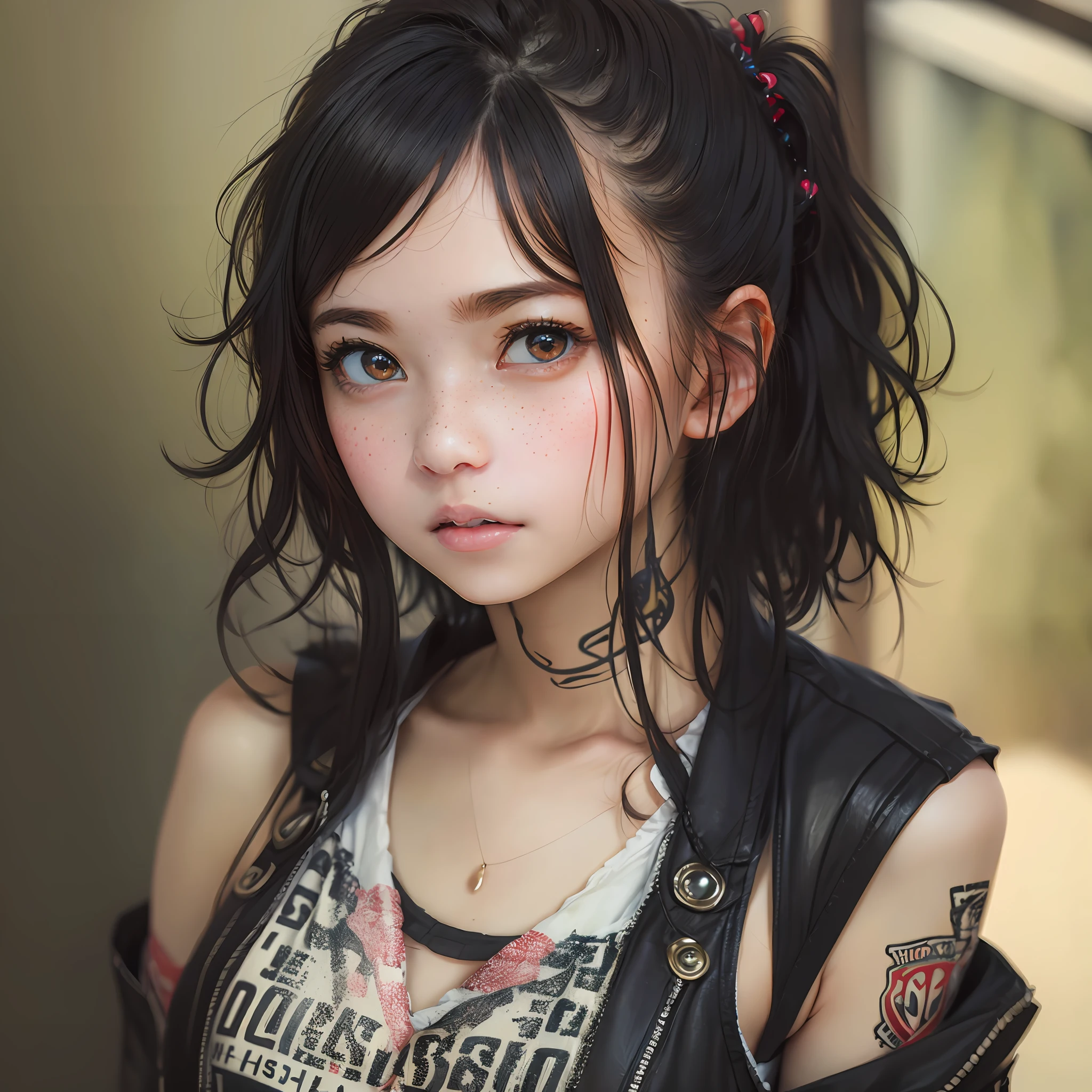 (masterpiece), 1girl with black short messy hair, punk style, big honey eyes, ultra detailed face and eyes, embarrassed face, freckles, 8k, ultra hd --auto --s2
