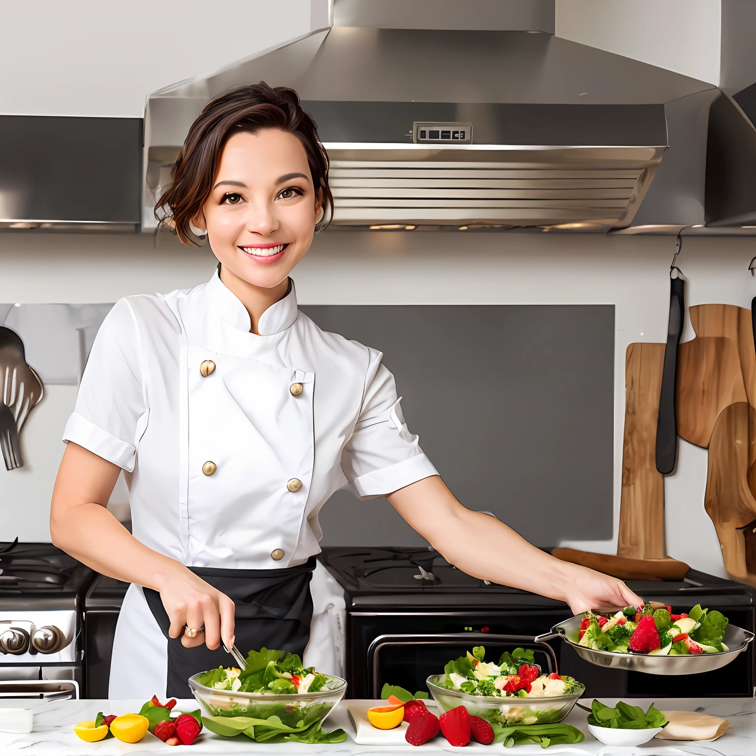 42 year old woman brazil short hair brown eyes 76 pounds mini cook smiling making salad with red fruits,smiling looking with chef's outfit in a kitchen, gray and yellow background infinite blurry realistic --auto