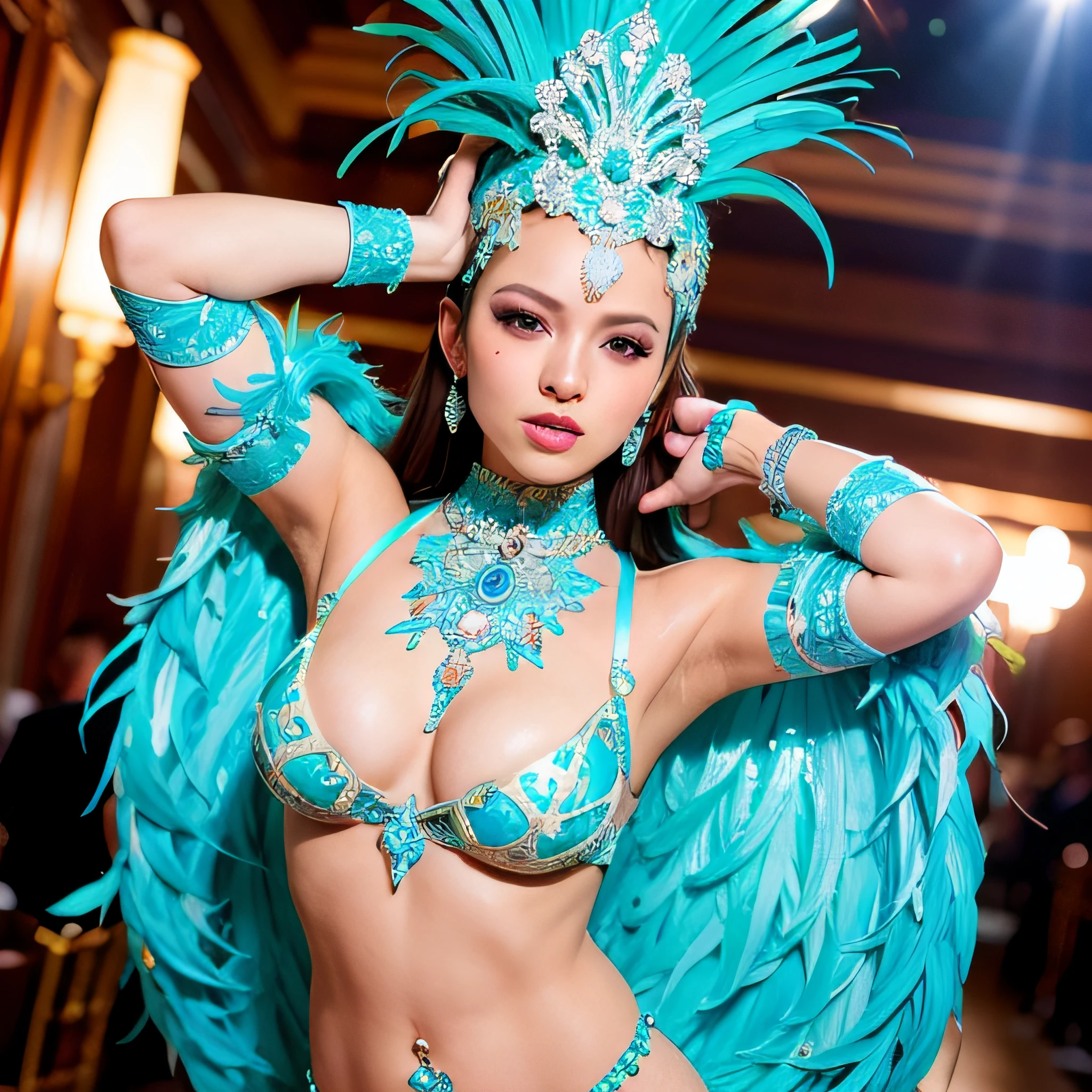 a woman, (wearing samba dance dress:1.2), carnival party, 
good hand,4k, high-res, masterpiece, best quality, head:1.3,((Hasselblad photography)), finely detailed skin, sharp focus, (cinematic lighting),  soft lighting, dynamic angle, [:(detailed face:1.2):0.2], medium breasts, in theater, cabaret show