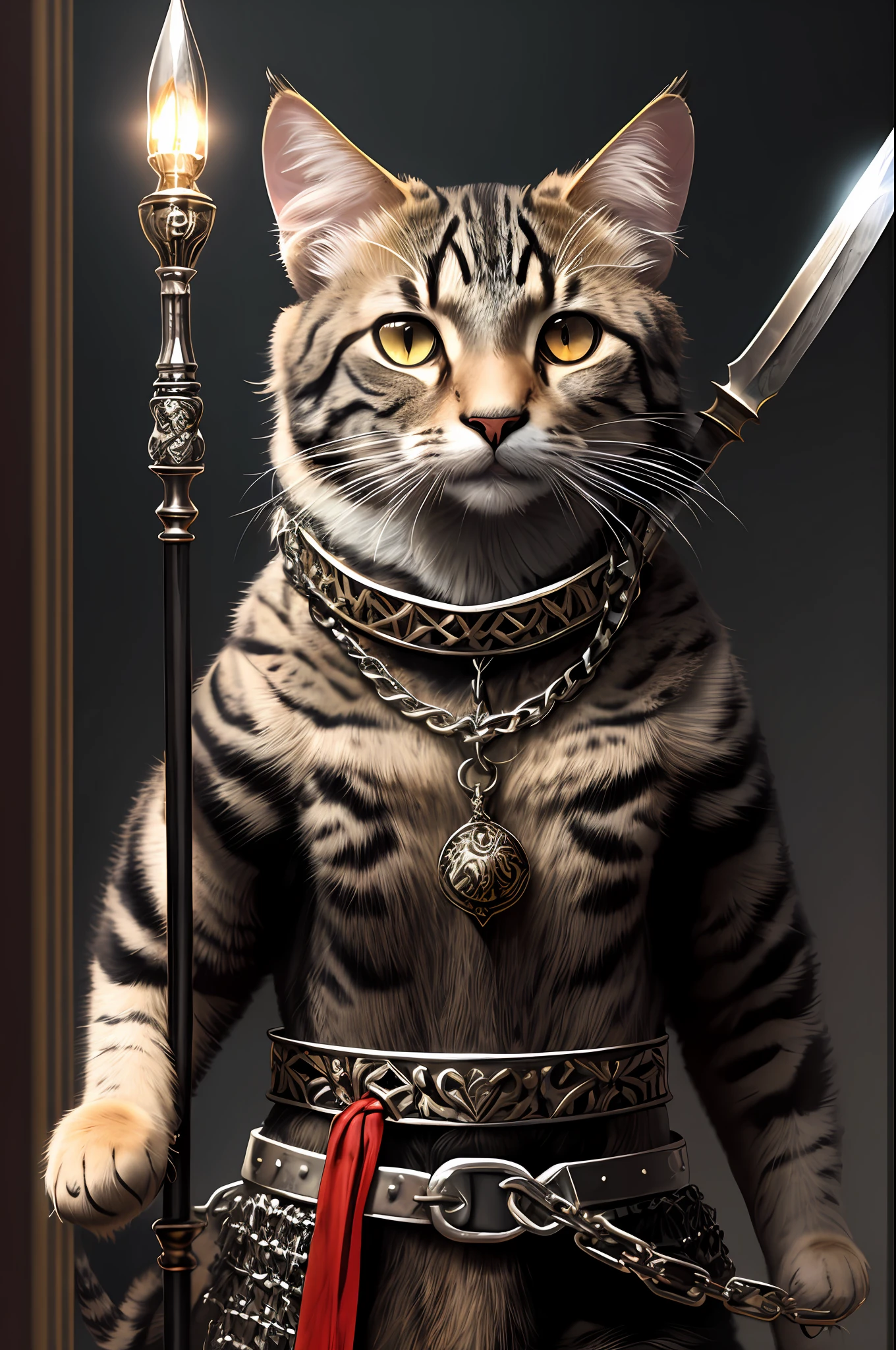 Painting, icon, Varangian cat, portrait, (chain mail), standing with a spear, intricate design, silver, silk, cinematic lighting, 4k