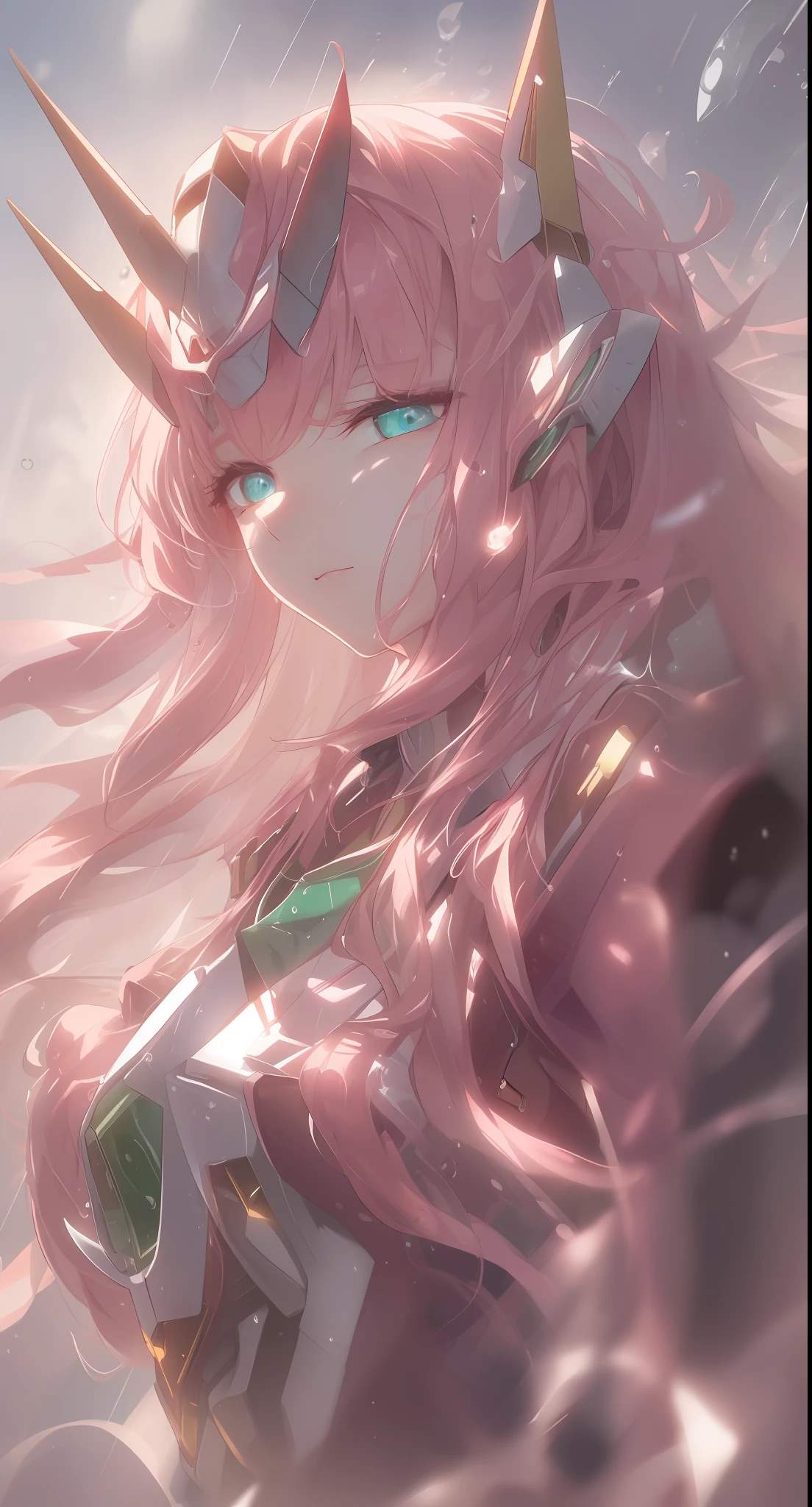 (2D Animation Style: 1.4), (Japanese Animation: 1.9), HD, (Golden Lighting: 1, 4), White Skin, Full Image Light, Mecha, Horn, (Clear Eyes), White Sunlight, Hair Glowing, (((Falling Raindrops))), (Dear in Franks\), Dear in Franks, 1 girl, bangs, shadows, , long hair, Looking at the audience, closing eyes, ((((full))), standing, mecha clothes, mechanics, (Mecha Helmet), Optimus Prime, Morphing Mech, (Long Legs), Chest, Perfect Body, (Red Tights Mech), green_eyes, Water, simple_background, air_bubble, (Lighting: 1.3), Sunlight on Face, Lipstick, Makeup, Pink Hair, close_up Face, Girly, Tight Skin, Solo, N-Twist, Calm, (18 years old), (rich in details), (twisted head: 1.4), hair full of light to white, white background, (horizontal shoot: 1.3), side face, close-up, (background blur), top face, light particles, lighting on face and pink hair, dragon horn, hair band, strong light, delicate skin, delicate light, delicate face, (upper half of face: 2), 🙂