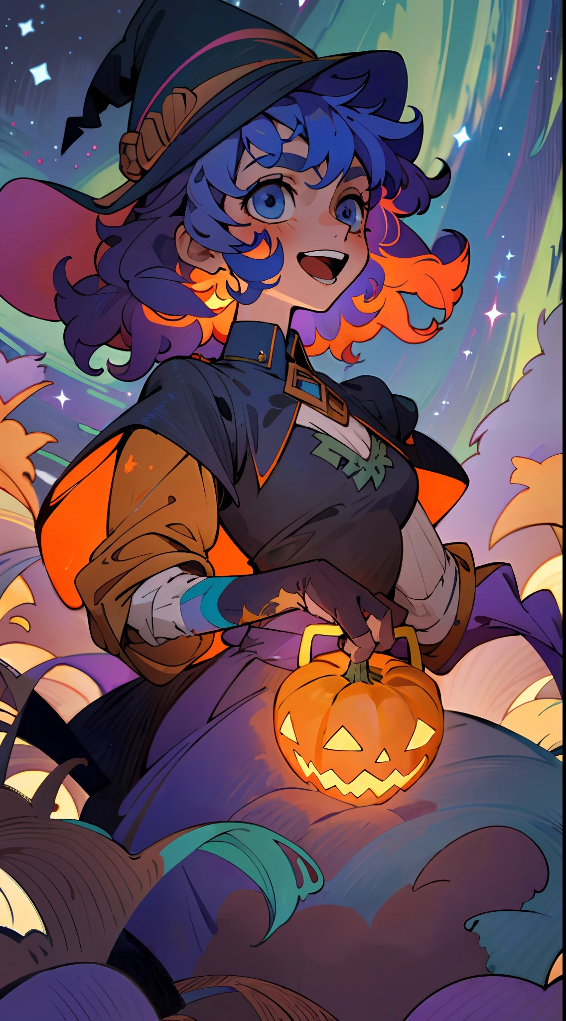 ((masterpiece:1.2, best quality)), 1girl, solo, (witch hat), a close up of a girl with curly hair, dress, aurora, night, star (sky), gloves, sky, dress, night sky, open mouth, starry sky, light blue eyes, ribbons, smile, cape, colorful hair, magic, casting spell, night, (impressionism:1.4), alphonse mucha, Halloween colors, colorful candy, magical lights, pumpkins, candies