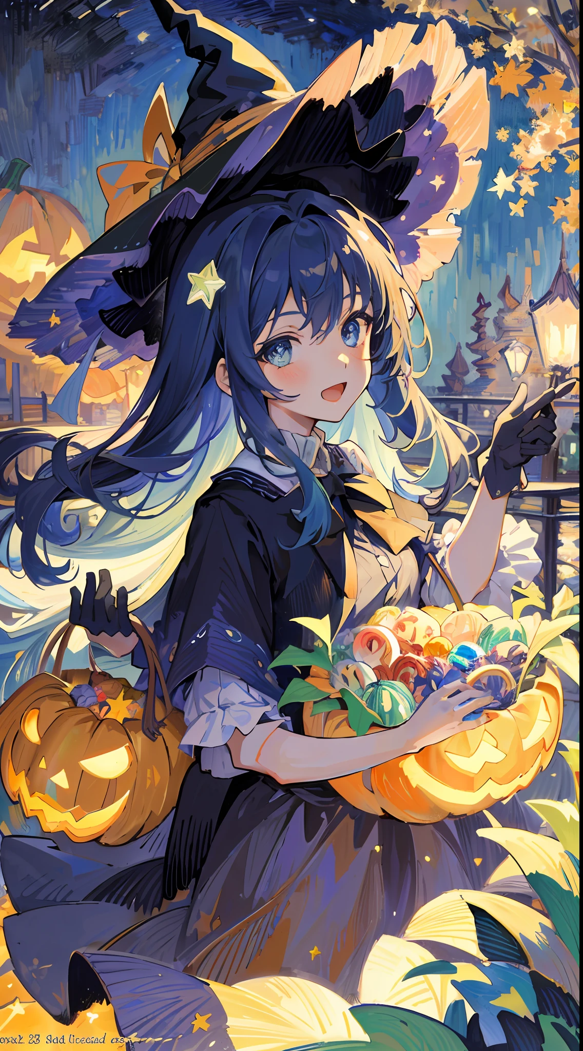 ((masterpiece:1.2, best quality)), 1girl, solo, (witch hat), a close up of a girl with curly hair, dress, aurora, night, star (sky), gloves, sky, dress, night sky, open mouth, starry sky, light blue eyes, ribbons, smile, cape, colorful hair, magic, casting spell, night, (impressionism:1.4), alphonse mucha, Halloween colors, colorful candy, magical lights, pumpkins, candies