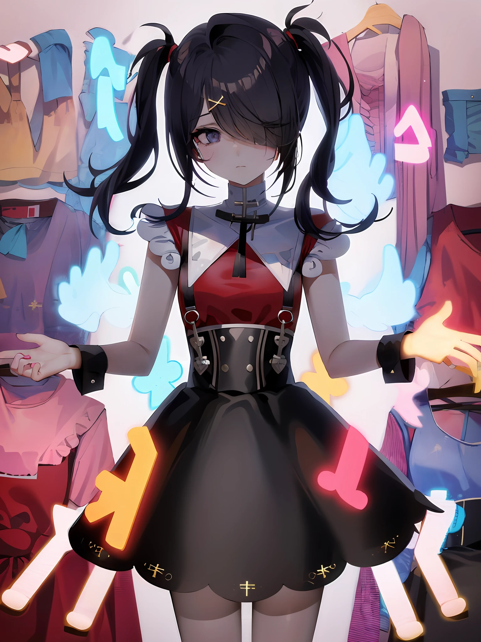 2d, anime art, (masterpiece:1.2), best quality, absurdres, ame-chan, red shirt, black skirt, twintails hairstyle, (hairpin cross:1.35), [purple eye : black eye : 0.15], (glowing eye:1.1), patches, looking at viewer, sad, upset, 
darkness background, ash fog,