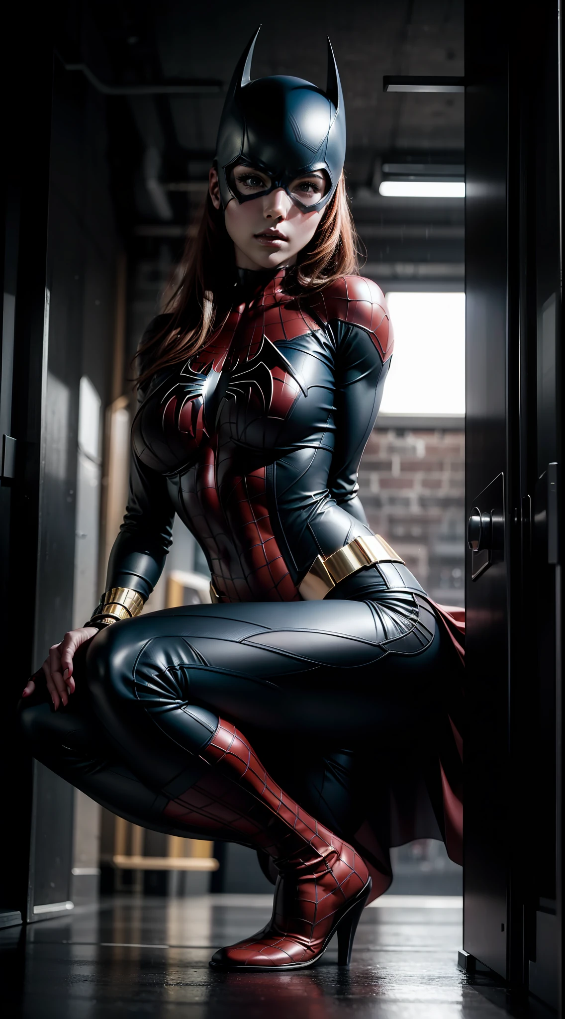 beautiful woman, costume fusion of Spider-Man and Batgirl, sexy, cover, rain, realistic, full body photo, prominent figure, photo (Masterpiece) (Best quality) (detail) (8K) (HD) (Wallpaper) (cinematic lightining) (Crisp focus) (Intricate), best quality, Ultra high resolution, photorealistic, full body portrait, incredibly beautiful, dynamic poses, detailed skin texture, highly detailed skin, detailed face,  Beautiful legs, big tits, powerful.