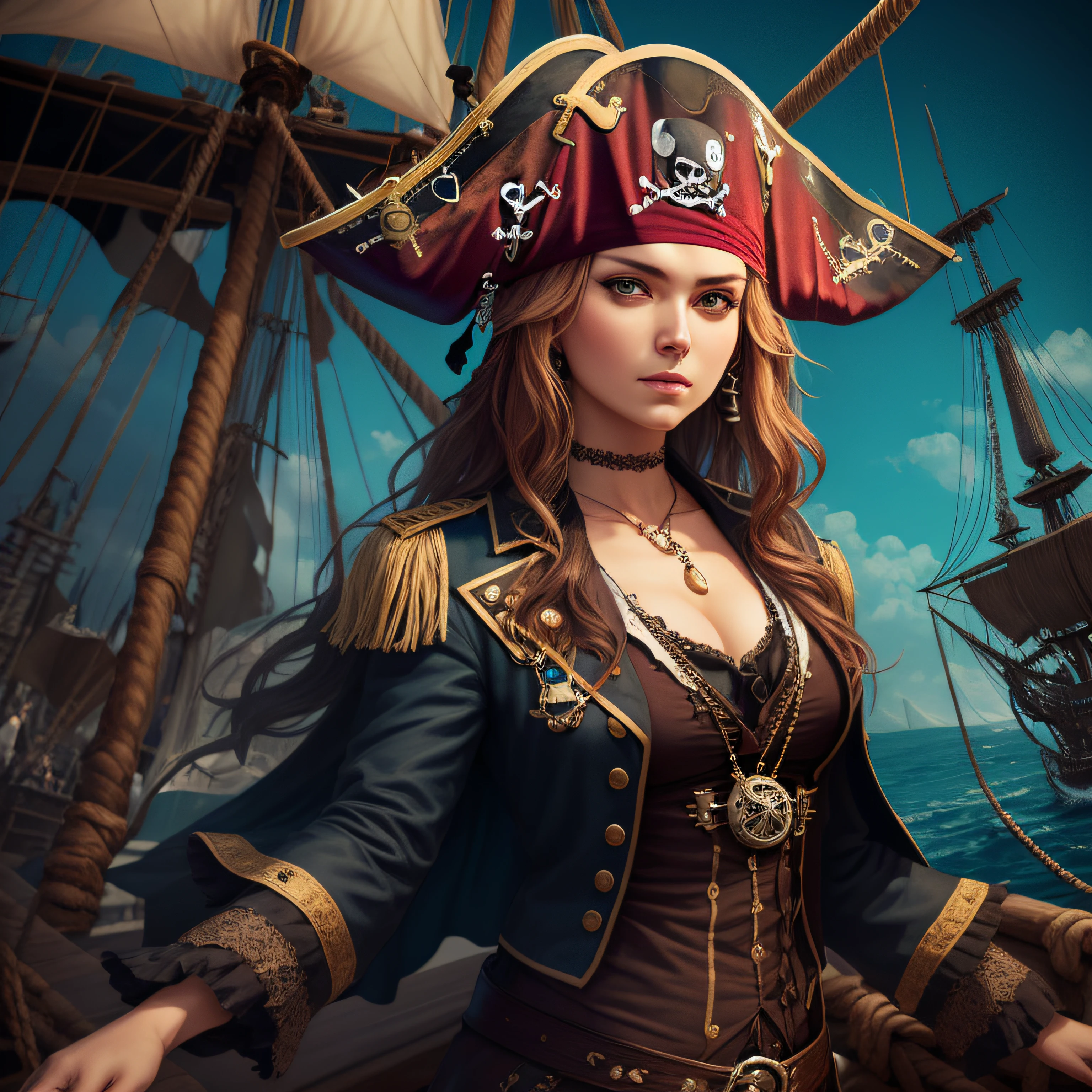 Danielle van de Donk, full body potrait of a photorealistic beautiful woman, (aboard a pirate ship:1.50), intense coloration fantasy, light hair, a stunning realistic photograph 20 years , random colored hair, (multiple women pirates dancing together:1.3), random color eyes, full body, cover, hyperdetailed painting, luminism, octane render, Bar lighting, complex, 8k resolution concept art portrait by Martina Fačková and Prywinko Art, Artgerm, WLOP, Alphonse Mucha, Tony Taka, fractal isometrics details, photorealistic face, hypereallistic cover photo awesome full color, hand drawn, bright, gritty, realistic color scheme, davinci, .12k, intricate. hit definition , Beethoven, cinematic,Rough sketch, mix of bold dark lines and loose lines, bold lines, on paper , real life human --auto
