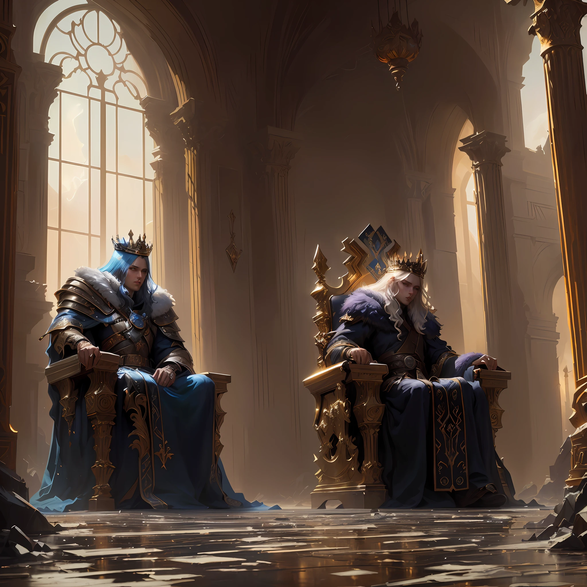 there are two king and queen sitting on thrones in a room, tuomas korpi and wlop, wlop and andrei riabovitchev, fantasy card game art, wlop and ross thran, epic fantasty card game art, trending on artstation:3, award winning concept artist, award winning concept art, best of artstation