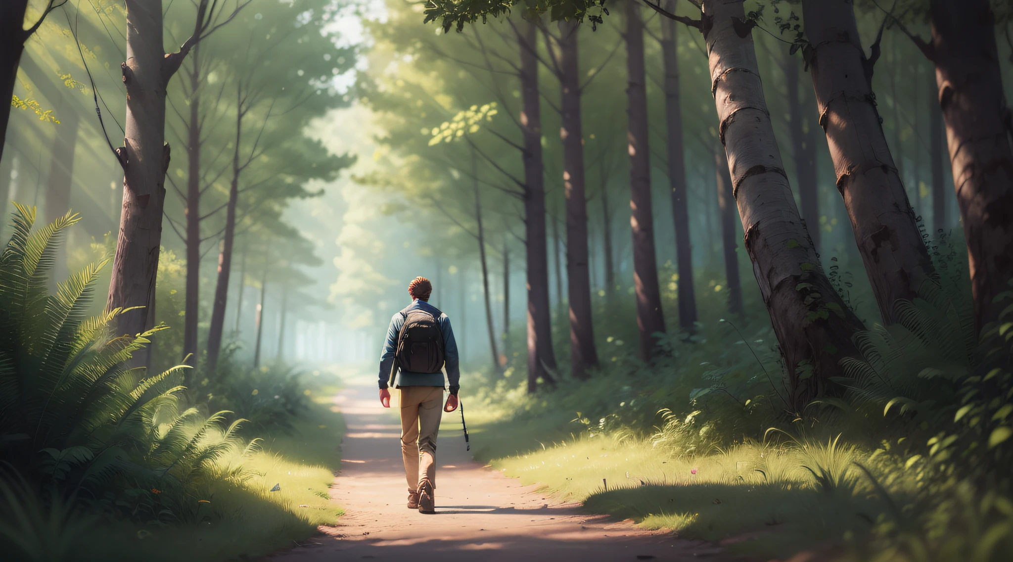 Drawing, ultra realistic, 8k, extremely detailed, in the best quality, man, young, walking through a forest.