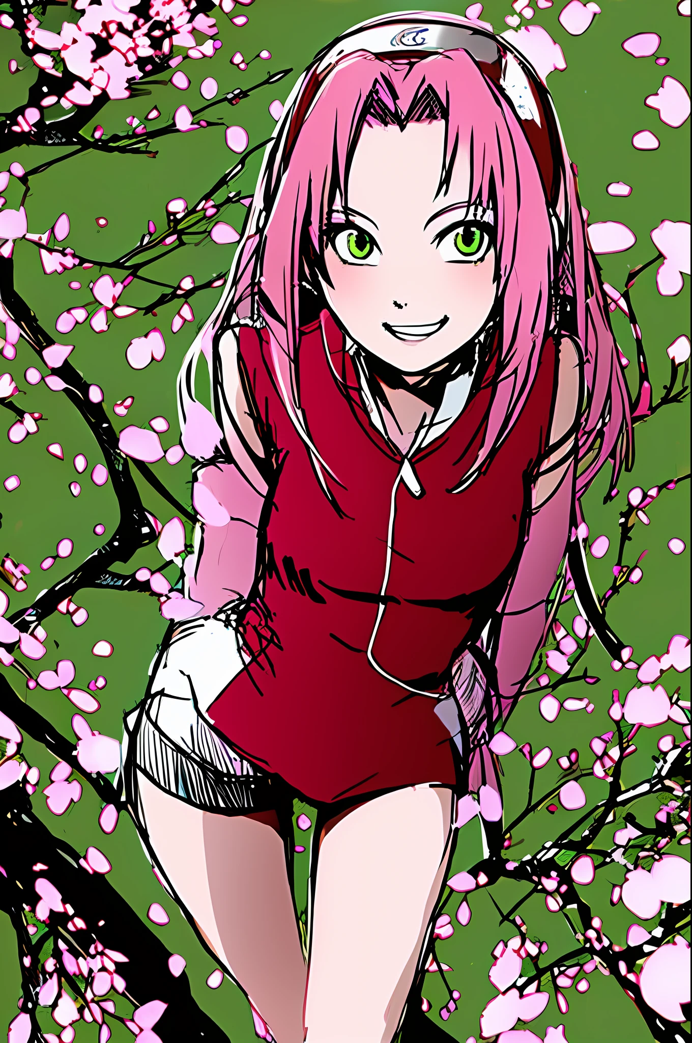 haruno sakura, naruto \(series\),( legs,bare legs,thighs:1.2), 1girl, blue headband, cherry blossoms, green eyes, grin, hair intakes, headband, jacket, long hair, looking at viewer, pink hair, red jacket, sketch, sleeveless, sleeveless jacket, small breasts, smile, solo, portrait , ((masterpiece)),