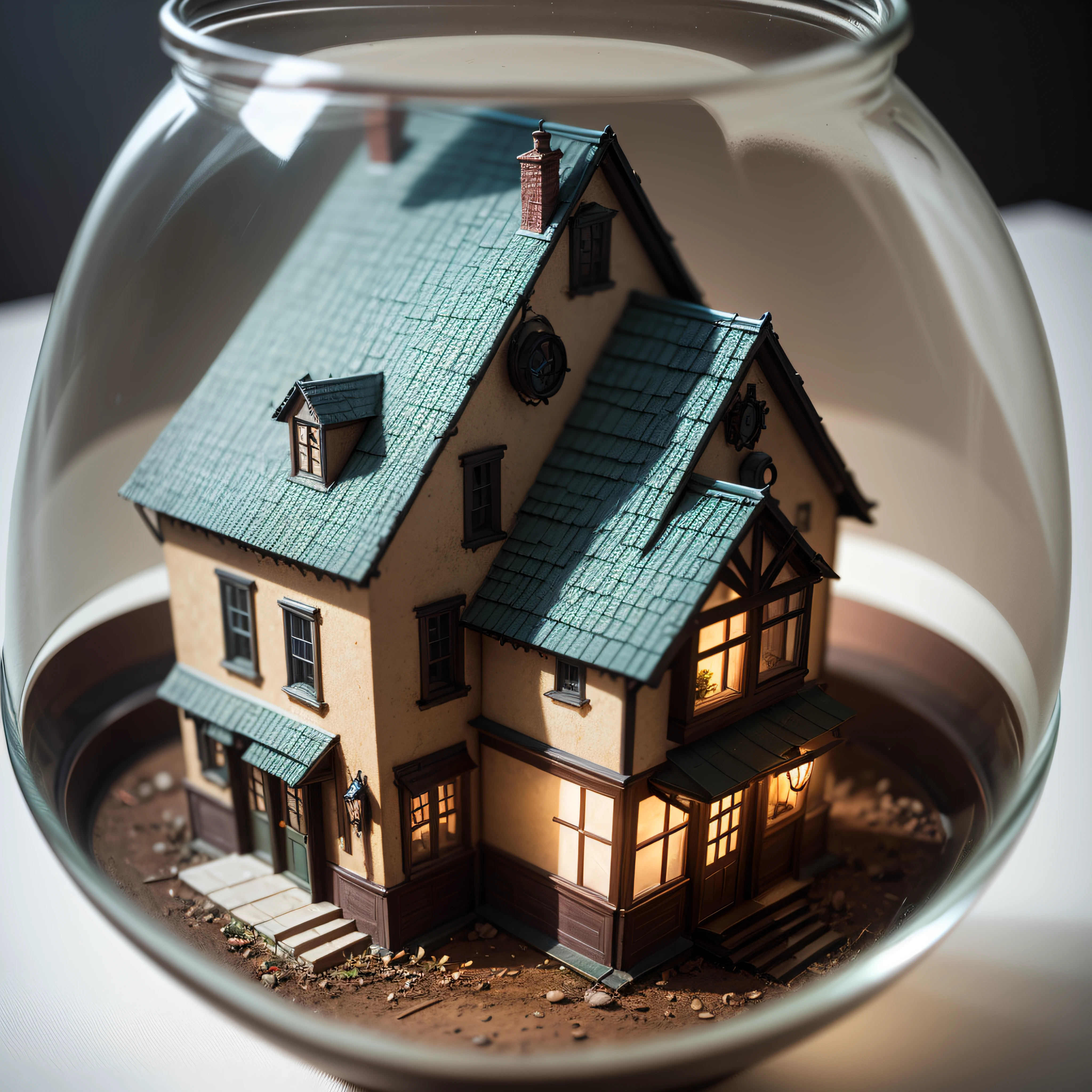 Haunted House tucked inside a square glass jar with lid, placing on the windowsill, extremely detailed, 8K, apocalyptic punk style, miniatures, macro photography in close-up
