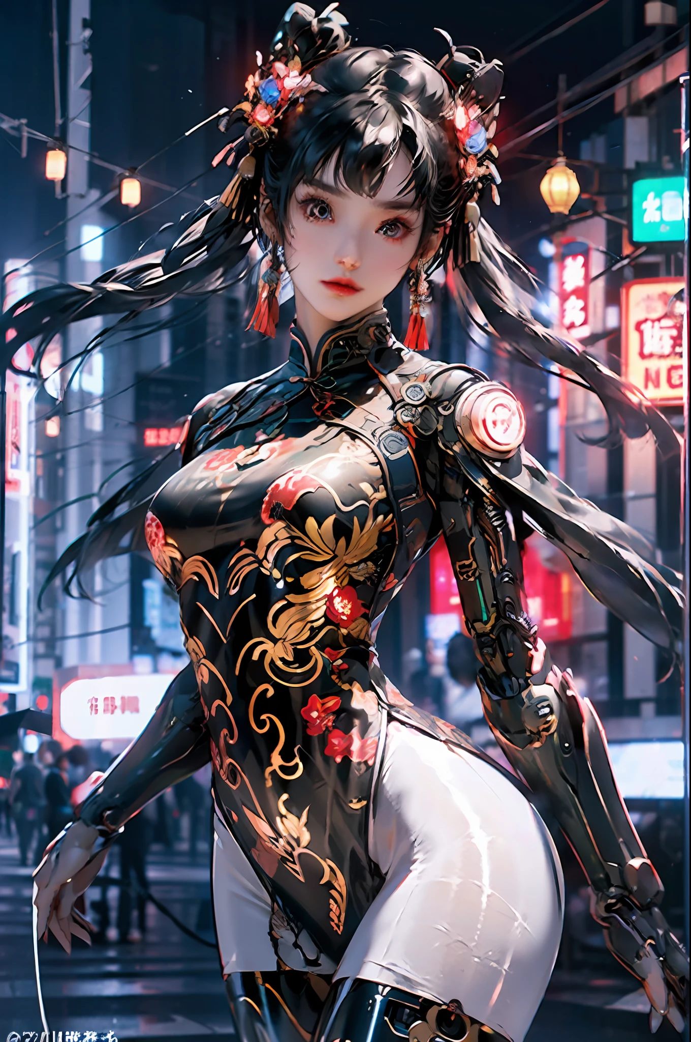 Super Resolution, (Realism: 1.3), 1 (Slim: 1.2), 1 Girl, Chinese_clothes, cyber-clothes, cyberpunk city, headwear, hair accessories, super detailed, beautiful studio soft light, dramatic lighting, vibrant details, luxurious cyberpunk, complex background, octane rendering, 8k, best quality, masterpiece, illustration, extremely refined and beautiful, very detailed, CG, wallpaper, (realistic, Photo Realism: 1.37), Amazing, Fine Detail, Masterpiece, Best Quality, Official Art, (Night: 1.5), Dark Theme, Dynamic Angles, Dynamic Pose, Cowboy Shot, 1 Girl, Solo, Detailed Face, Detailed Eyes, Looking at the Audience, Rouge\(Makeup\), Full Lips, Red Lips, Red Eyes, (Long Hair: 1.3), Upper Body, (Standing), (Cyberhanfu:1.2), Cheongsam, Futobot, Robot, Chinatown, Street, Empty, Cyberpunk, Paper lanterns, neon lights