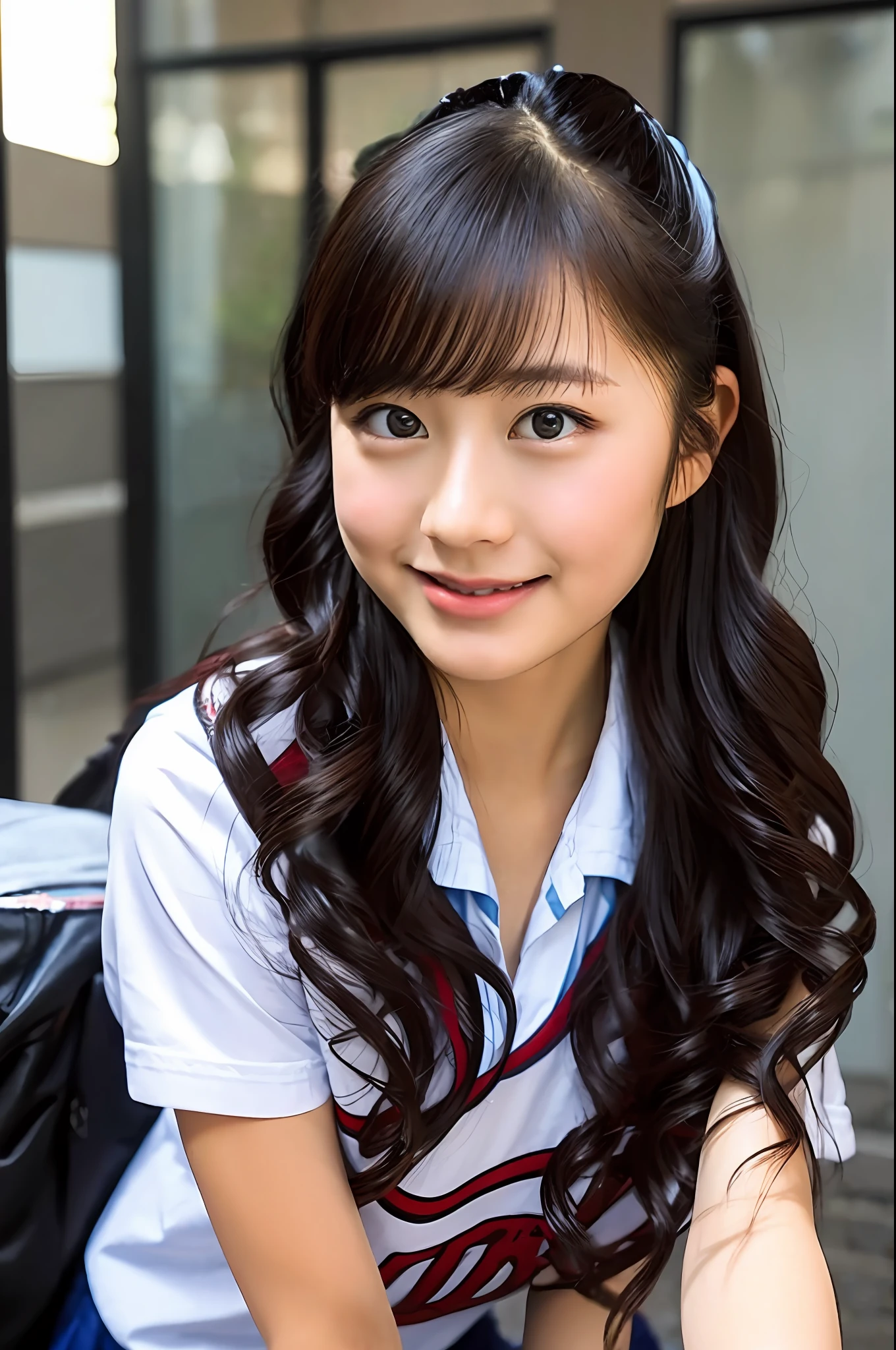 (8K), (Best Quality: 1.2), (Realistic), (Photorealistic: 1.37), Ultra High Definition, 1 Girl, Cute, Smile, Closed Mouth, Beautiful Details, Beautiful Nose, Full Body, Wet Hair, Colossal Dalsefo, Pork, School Uniform, Thighs