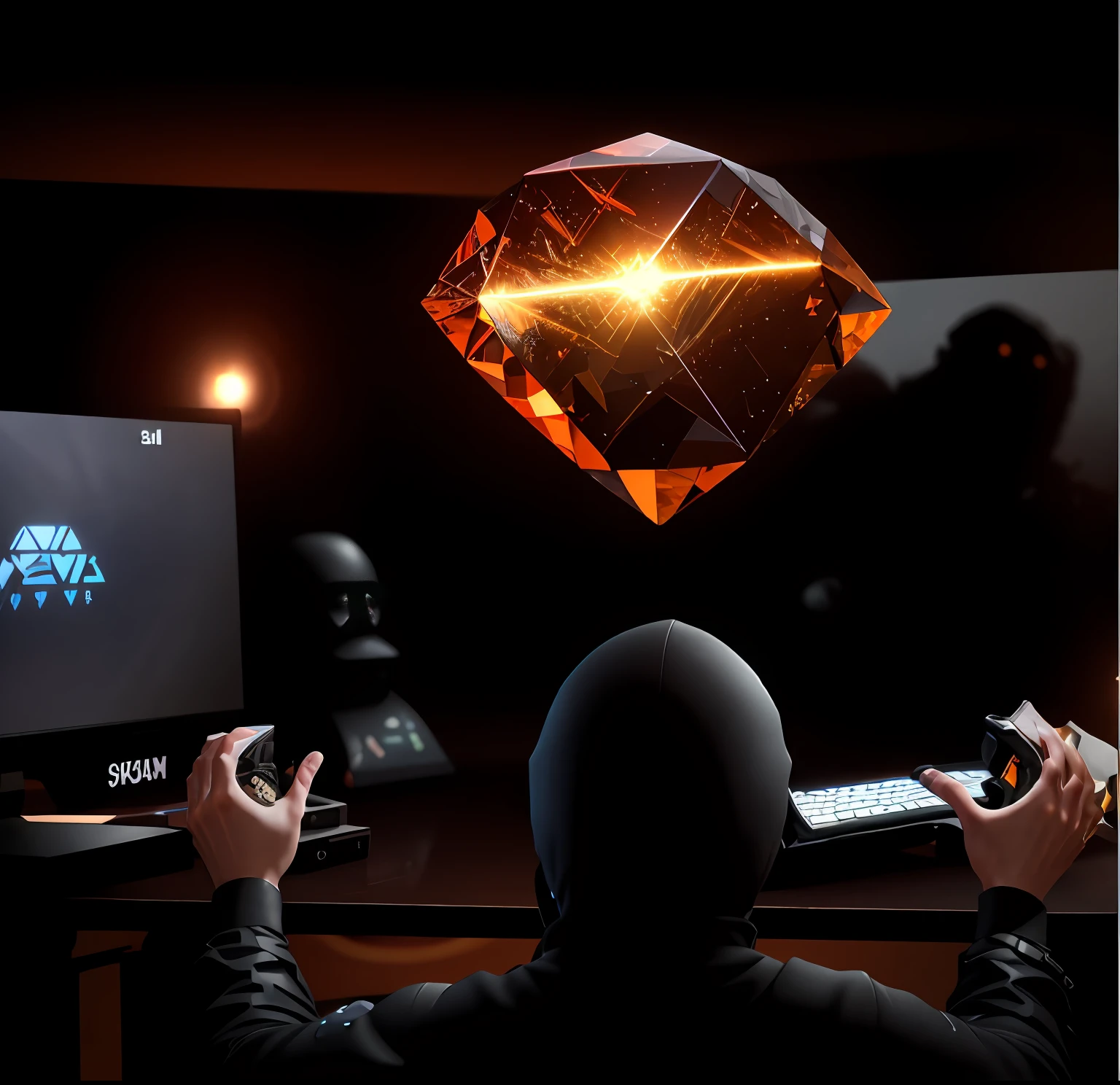 someone is watching a video game on a computer screen with a glowing diamond, 3840x2160, 3840 x 2160, deeper into the metaverse we go, the encrypted metaverse, videogame 3d render, rendered in keyshot, lots of diamonds unearthed, in game capture 3d render, vantablack