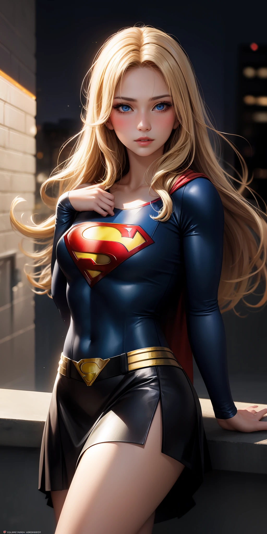 realistic, 1girl, blonde hair, blue eyes, bright blue eyes, cropped top, skirt, lips parted, blush, night, flowers, sun, sunlight, with Superman letter S on his chest.
