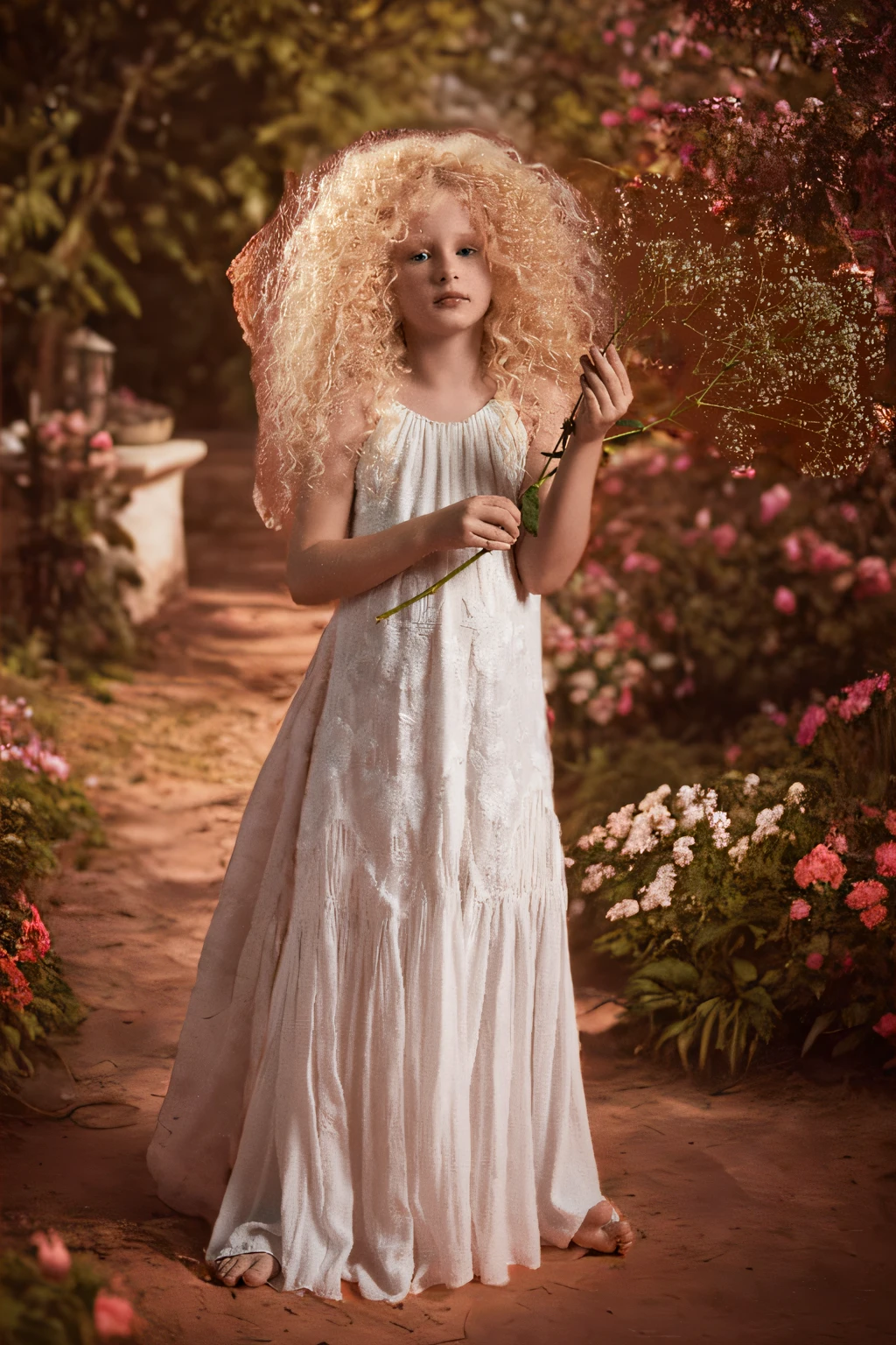 Hyper-detailed photo of a girl in Renaissance style, looking into the camera. In the background, a garden renacisense, cinematic scene, canon r5 and the 8k natural scenery, realism, paissagem