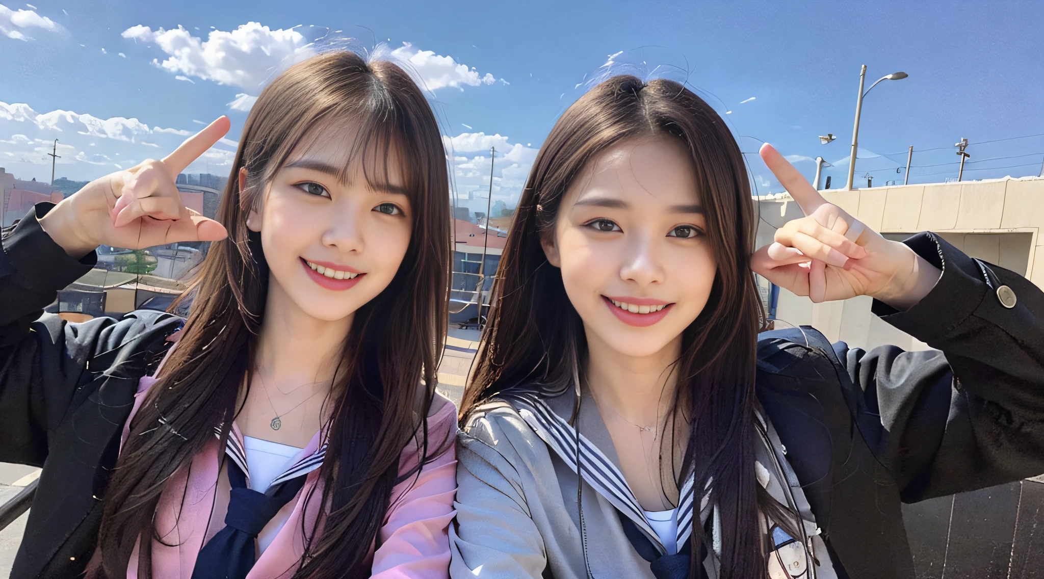 (8k, RAW photo, top quality, masterpiece: 1.2), super detail, super resolution, (realistic, real photo: 1.37), (photorealistic: 1.6), eating lunch on the roof of the school, fantastic scenery, realistic lighting, amazing realistic details, cute lunch box, school rooftop, lunch break, fashionable school, futuristic city, futuristic school, future school, future, future world, Fantastic world, new world, high resolution RAW color photo, professional photo, very detailed and beautiful, (pointing at the camera), real light (with hands wide spread and palm facing us), smile so much that you can see teeth, beautiful scenery mixed with light, very detailed sailor suit, amazingly cute female proofreading, amazing cute smile, transcendent cute face, amazing details, Red scarf, beautiful girls, very detailed face, different pattern, one is ponytail, modern cute schoolgirl, very detailed face very detailed eyes, very realistic skin, very detailed fingers, very detailed nose, very detailed mouth, perfect anatomy, very detailed sailor suit, very detailed background,after school,. full of smiles, long straight hair, (dull bangs: 1.2), Celebrity level cuteness, high school girl youth (pink eye shadow)