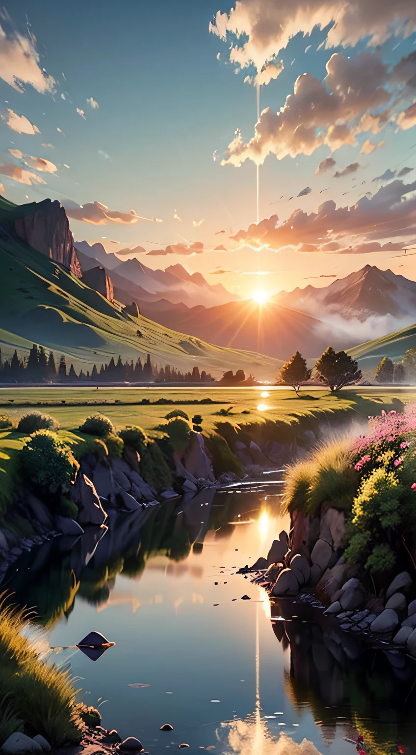 Imagine an unforgettable landscape that reveals the beauty and grandeur of God in every detail. It is a setting that transcends human understanding, where nature unites in harmony to create a divine masterpiece. In this landscape, you find yourself before majestic mountains, which rise towering towards the sky. Its heights seem to touch the clouds, while its slopes display lush vegetation, a tapestry of green hues and colorful blooming. In the valleys below, clear rivers flow serenely, reflecting the sunlight that shines brightly in the sky. Water is crystal clear, as if it were a mirror that reveals the purity and life it carries. On its banks, leafy trees offer shade and shelter to a wide variety of animals and birds, which seem to dance in harmony with nature. On the horizon, the sun sets in a divine spectacle. The golden, orange and pink colors paint the sky in a true celestial picture. It is as if God is pouring out His color palette on the world, creating a spectacle of light and beauty that is impossible to replicate. As you contemplate this magnificent landscape, you feel God's presence in a deep and comforting way. The grandeur of divine creation is evident in every detail of the landscape. Every mountain, every river, every ray of sunshine is a testimony to the power and beauty of God. In this landscape that shows the beauty of God, you feel small before the vastness and perfection of creation. It is an invitation to marvel at the divine work, to give thanks for the wonders of nature, and to feel connected to the divine. It is a reminder that God is present in all things, in the beauty of nature and in the depth of our hearts. --auto