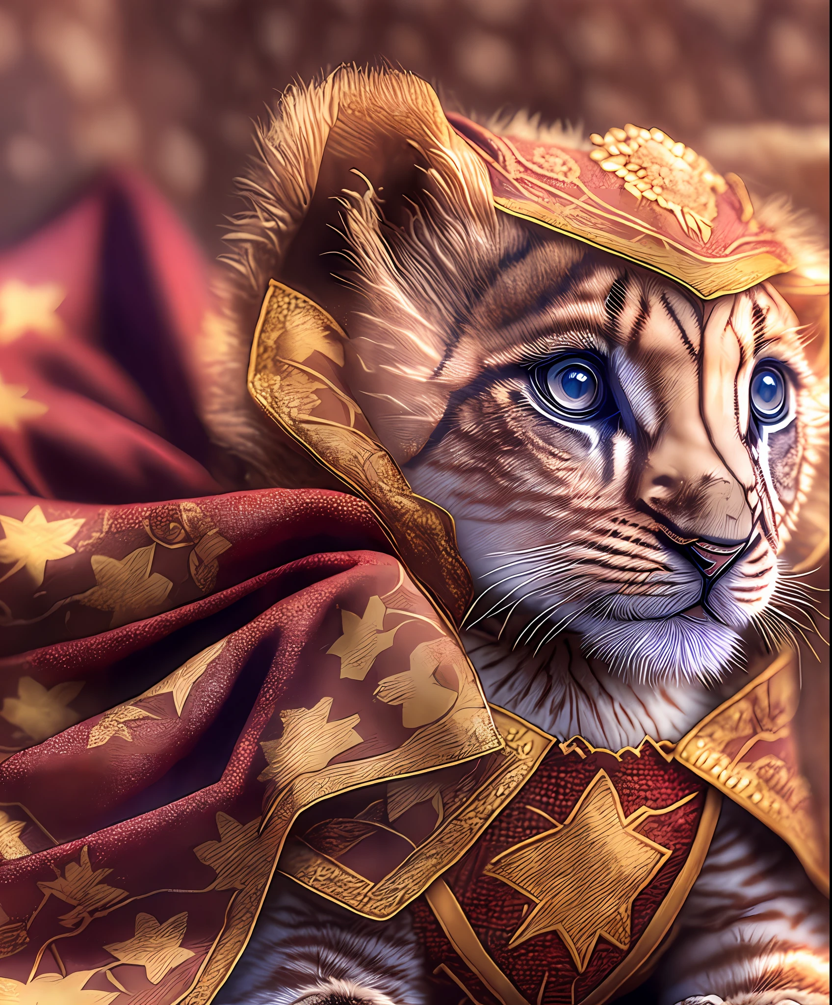 Lion cub, superhero cape, intricate designs.