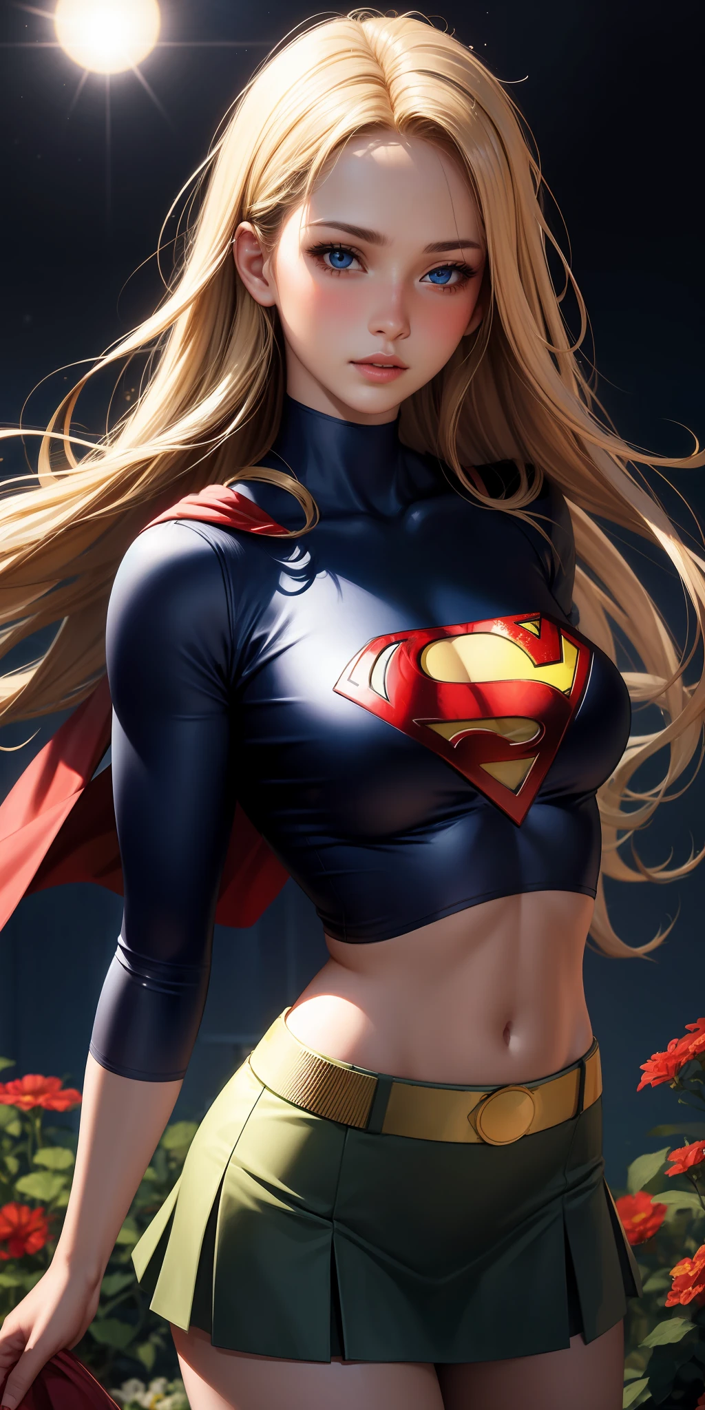 realistic, 1girl, blonde hair, blue eyes, bright blue eyes, cropped top, skirt, lips parted, blush, night, flowers, sun, sunlight, with Superman letter S on his chest.