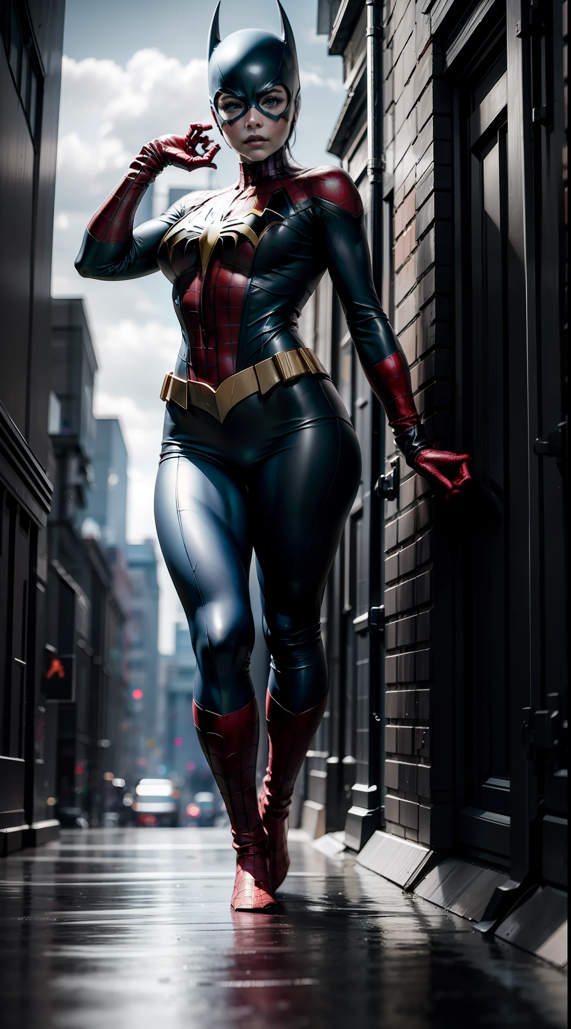 beautiful woman, costume fusion of Spider-Man and Batgirl, sexy, cover, rain, realistic, full body photo, prominent figure, photo (Masterpiece) (Best quality) (detail) (8K) (HD) (Wallpaper) (cinematic lightining) (Crisp focus) (Intricate), best quality, Ultra high resolution, photorealistic, full body portrait, incredibly beautiful, dynamic poses, detailed skin texture, highly detailed skin, detailed face,  Beautiful legs, big tits, powerful.