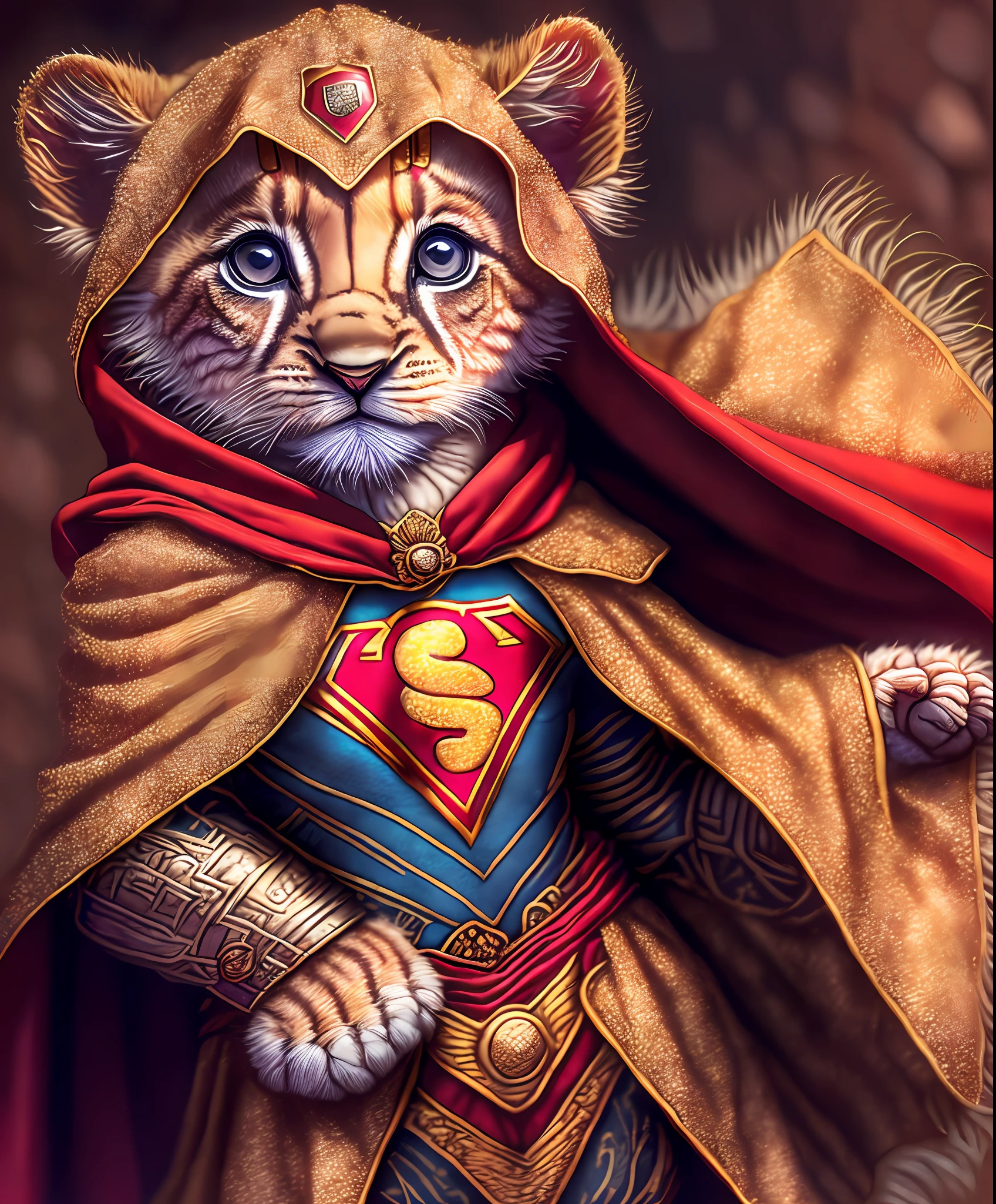 Lion cub, superhero cape, intricate designs.