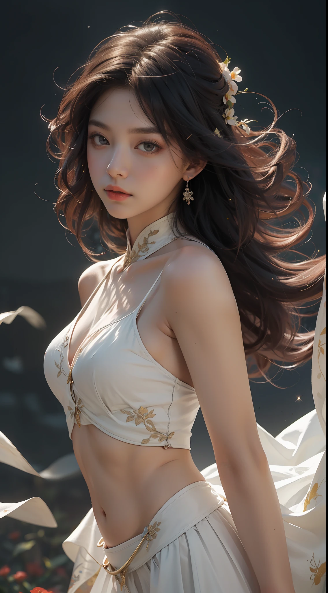Super high quality, masterpiece, perfect illustration, extreme detail (exquisite light and shadow, highly dramatic picture,) Zhongfenghua, 1 girl, solo, hanfu, flower field, flowers, (white smoke: 1.3) (realistic:1.4), zen entanglement, red, black and white Hanfu, tangled, official art, Unity 8k wallpaper, super detailed, beautiful and beautiful, masterpiece, best quality, (dynamic angle: 1.4), glowing skin, (floating colorful glitter: 1) the most beautiful chaotic form, elegant, brutalist design, Bright colors, romantic depth of field exotic_dance, half_naked