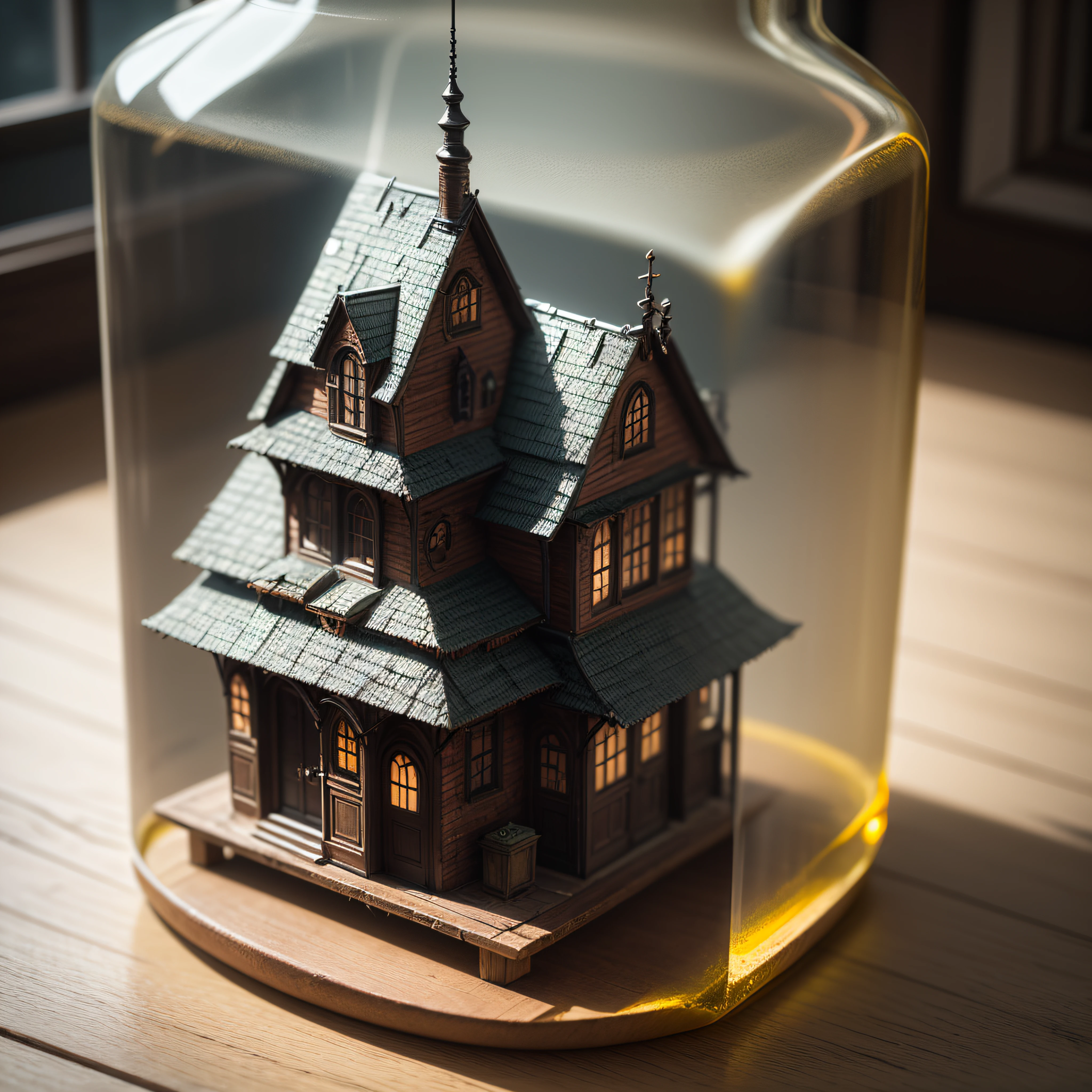 Haunted House tucked inside a square glass jar with lid, placing on the windowsill, extremely detailed, 8K, apocalyptic punk style, miniatures, macro photography in close-up