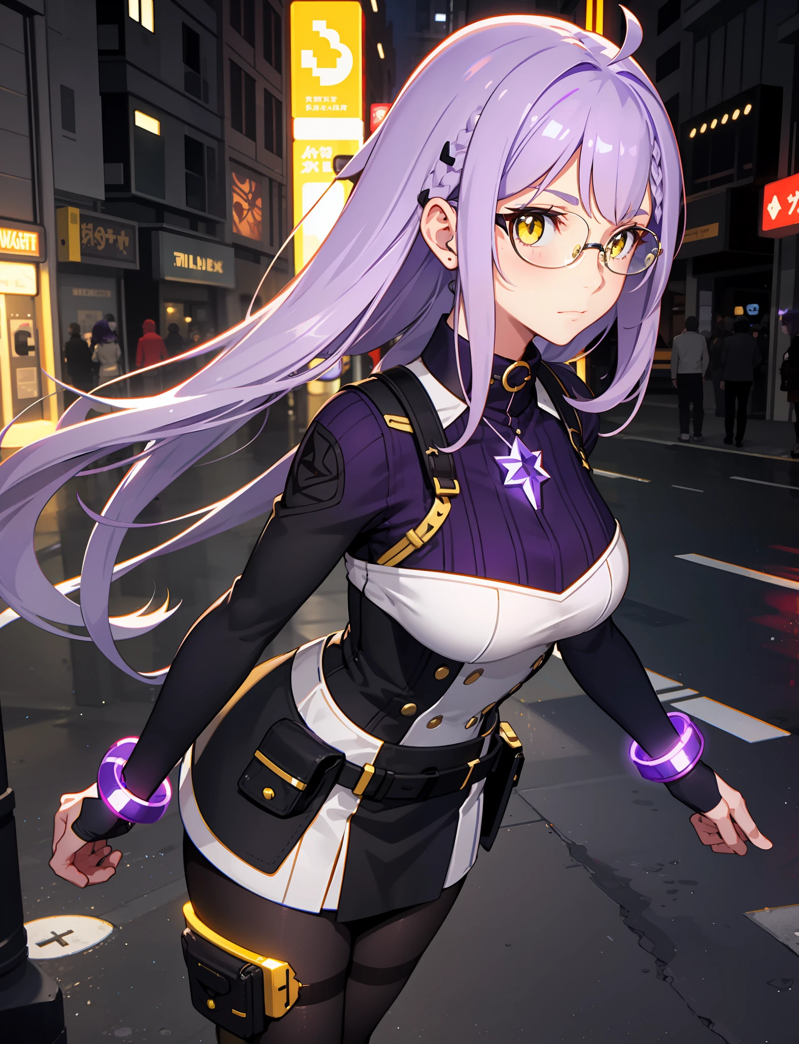complex anime 3d render ultra detailed, (((masterpiece))), (((best quality))), ((ultra-detailed)),(3D Cartoon rendering),(from side),cinematic light,((solo mechanical girl,alone)),({best quality}),(Ultra Fine),(full detail),delicate youthful face,well_developed curves,hourglass_figure,perspective,beautiful_face,high_quality_outfits,futuristic_outfits,silght_blush,full_body,full detail face,protective outfits,Honkai_Impact,scientist,anatomical,Ray Tracing;
(purple hair:1.5),indigo hair tips,two strand of deev violet hair framing face,violet ahoge, (waist-length flowy),(two pointy trianglr white mechanial hairpin at left side,pointing upwards);(crystal clear yellow eyes:1.9, cross pupil),yellow goggle eyeglasses,golden star necklace
Futuristic dress outfit,mechanic gadgets,elegant and modest outfits,black collar,black long slender sleeves,black arm bracers,white bracelets,black gloves,white tanktop with violet lines,black mechanic corset with a pair of golden buttons,electric circult pattern on corset,violet zipper,violet traces,metalic waistband with four gadget holsters,violet waistband,(white scifi armor knee-length skirts,knee-length asymmeric segmented hems),(black streamline plain tassets),violet knee-length dress,black shorts,(black and violet pantyhose),golden gartener belt around left leg,silver waistband with gadget holsters,knee bracers;silver mechanic boots,heeled boots; White mechanic backpack on back;
calm expression,vigilat gaze,stretching hands,standing,looking forwards
Night,alone in streets of neon-lit scifi city in background,walking in burstling streets,silghtly raining,tyndall effect,standing on pavement,dreamy,detailed fingers