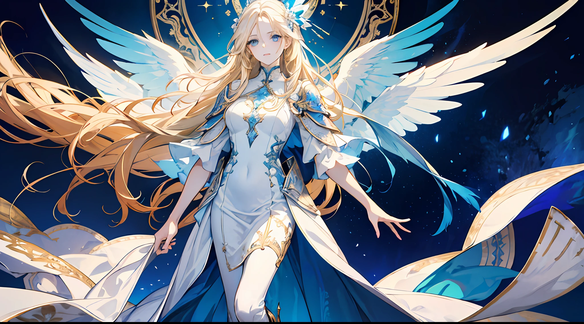 16k, a woman, tall, beautiful, otherworldly, elegant, blue eyes, full body, long blonde hair, white gold dress, delicate, white and blue long dress, armor decoration, extreme details, golden streamer surrounding, angel coming, magic array, (three pairs of huge wings), masterpiece, concept art, hands open, facial details presented,