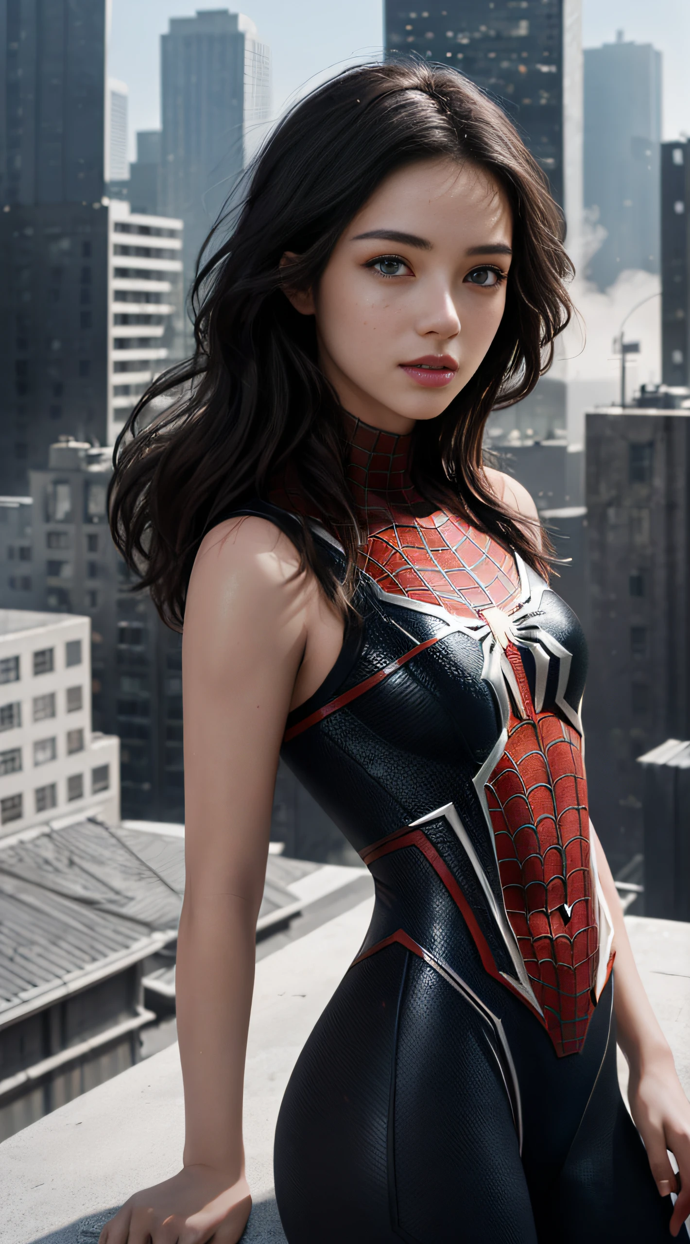 (1girl:1.3), solo, ((very detailed face)))), ((very detailed eyes and face)))), beautiful detail eyes, body parts__, official art, unified 8k wallpaper, super detailed, beautiful and beautiful, beautiful, masterpiece, best quality, original, masterpiece, super fine photo, best quality, super high resolution, realistic realism, sunlight, full body portrait, amazing beauty, sexy pose, delicate face, vibrant eyes, (from the front), She is wearing a Spider-Man suit, red and black color scheme, spider, very detailed city roof background, rooftop, overlooking the city, detailed face, detailed complex busy background, messy, gorgeous, milky white, highly detailed skin, realistic skin details, visible pores, clear focus, volumetric fog, 8k uhd, DSLR camera, high quality, film grain, fair skin, photo realism, lomography, future dystopian megalopolis,