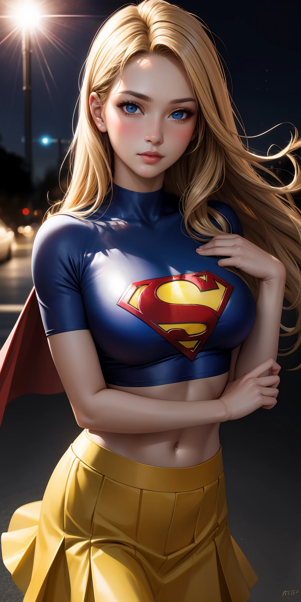 realistic, 1girl, blonde hair, blue eyes, bright blue eyes, cropped top, skirt, lips parted, blush, night, flowers, sun, sunlight, with Superman letter S on his chest.