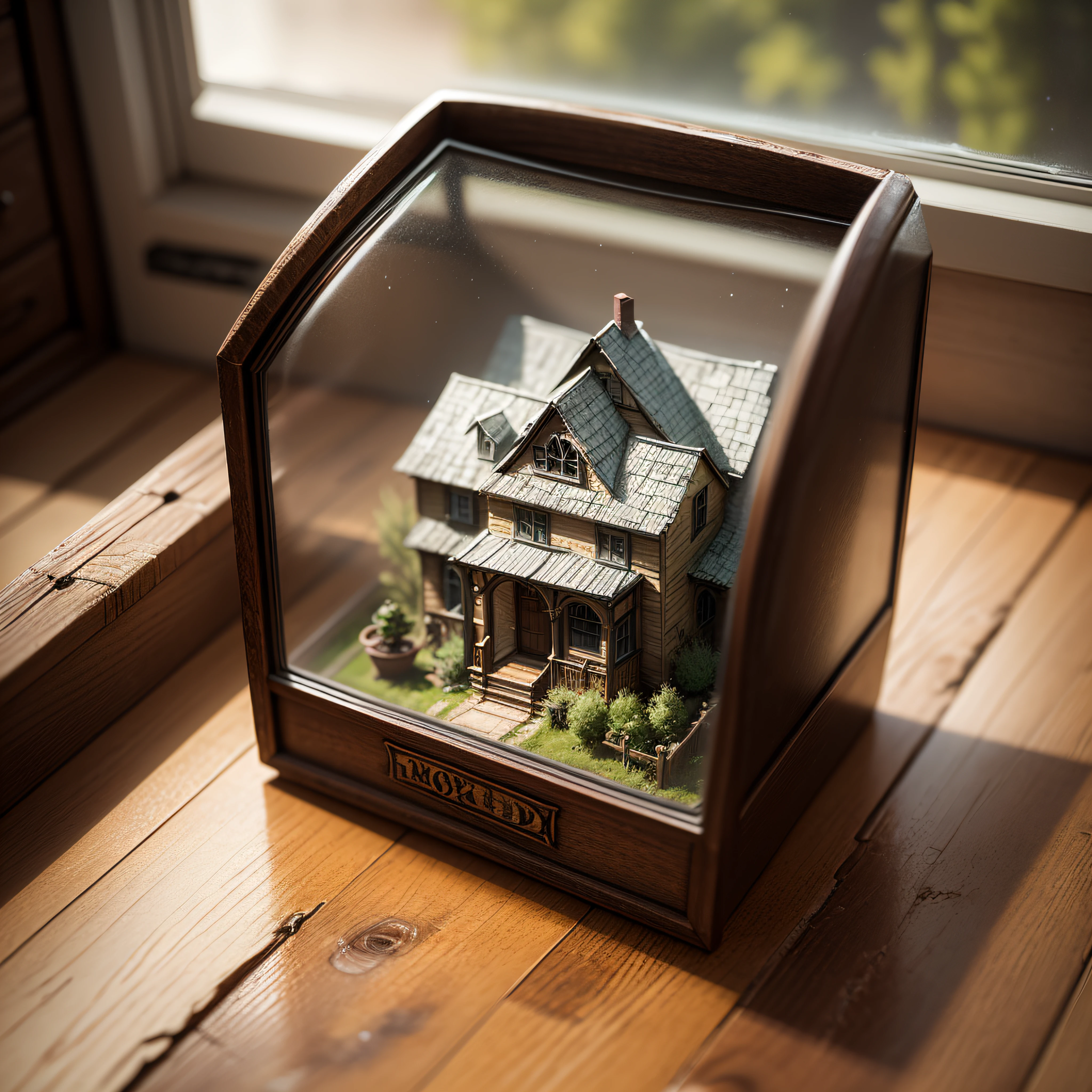 Haunted House tucked inside a square glass jar with lid, placing on the windowsill, extremely detailed, 8K, apocalyptic punk style, miniatures, macro photography in close-up