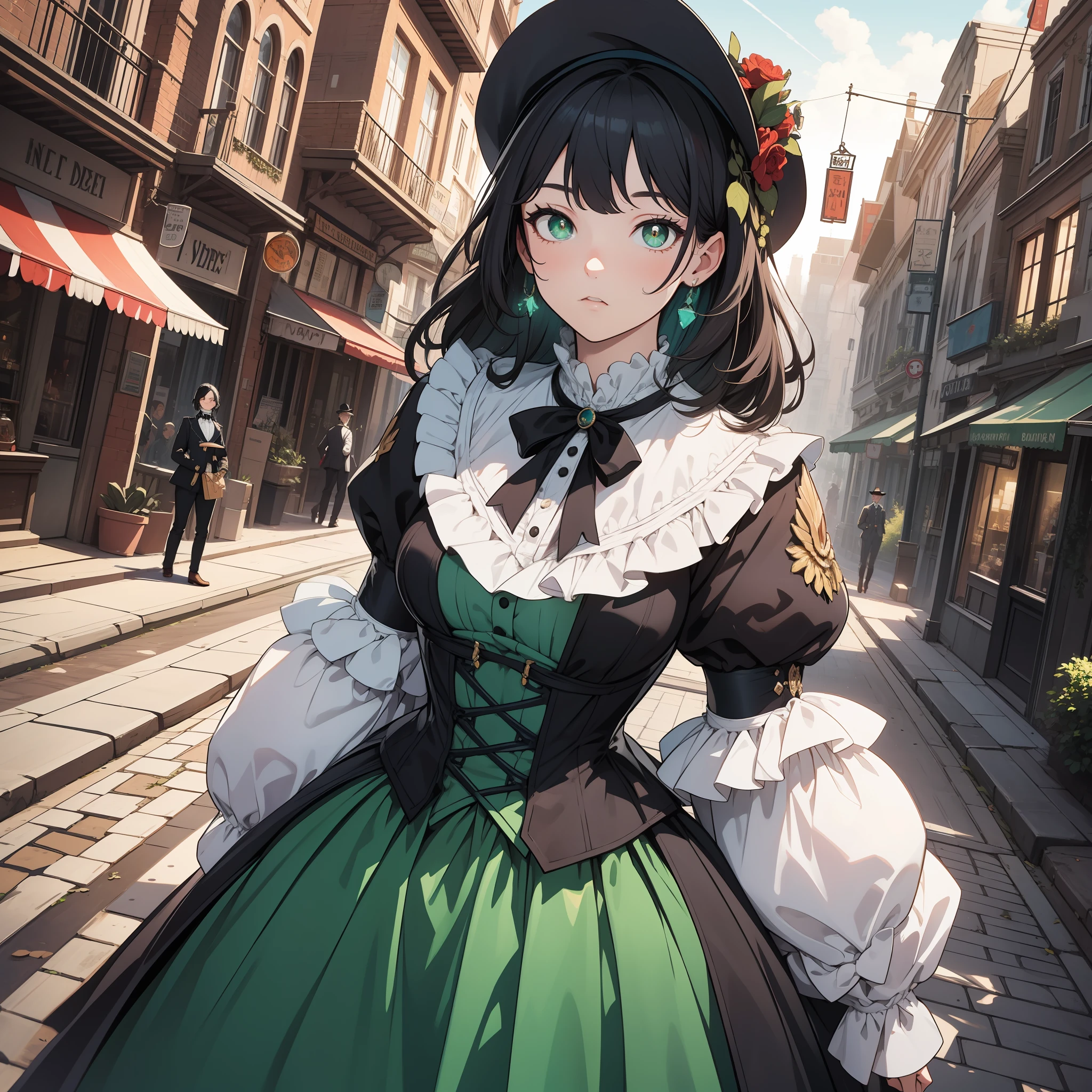 (Victorian period clothing, Dutch angle: 1.3), film grain, chromatic freak, city, masterpiece, best quality, raw photo, photorealistic, absurdists, black hair, green eyes, 1boy, beautiful, perspective, cowboy shot, highres, ultra detailed, detailed eyes and face, sharp pupils, realistic pupils, sharp focus, summer, night,