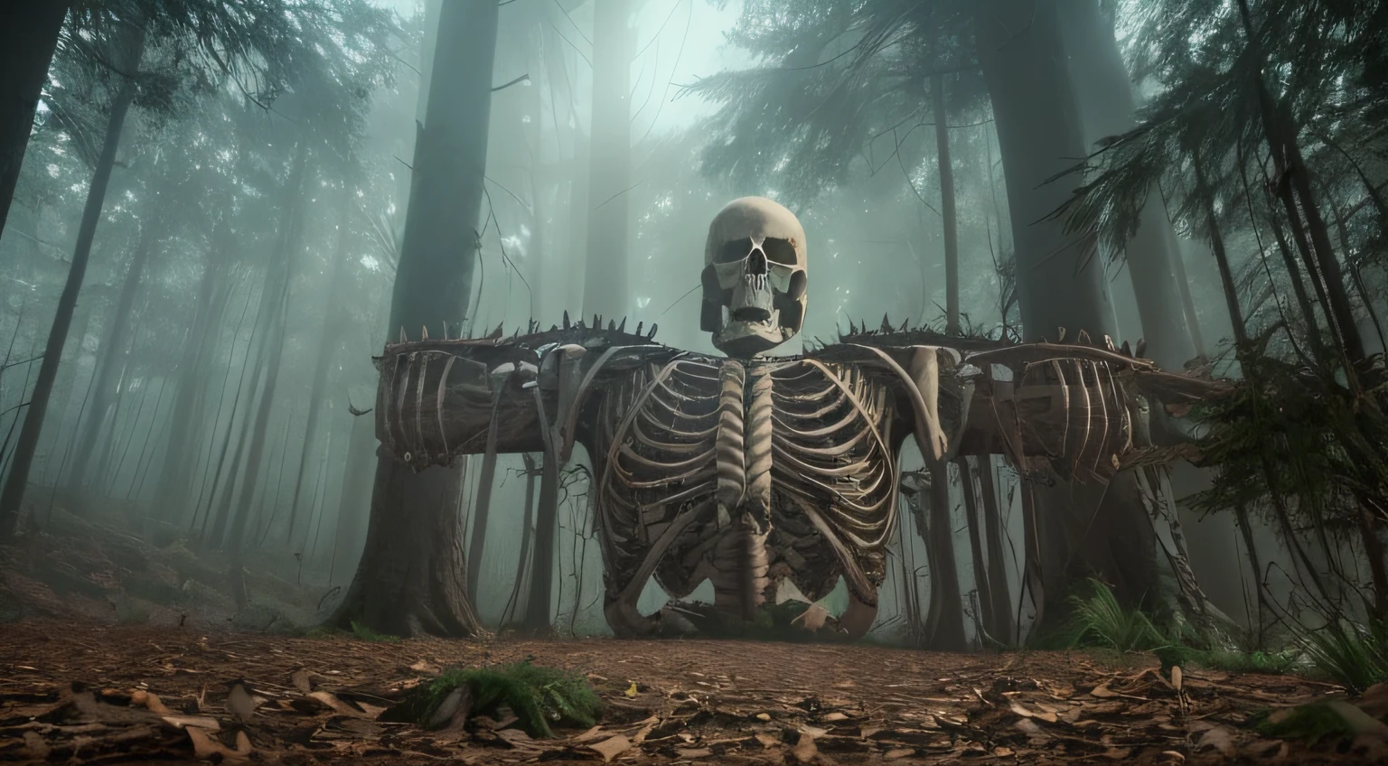 a giant human skeleton in a forest, dark ambience, titan, epic, detailed, ultra detailed, 8k, gothic, death --auto
