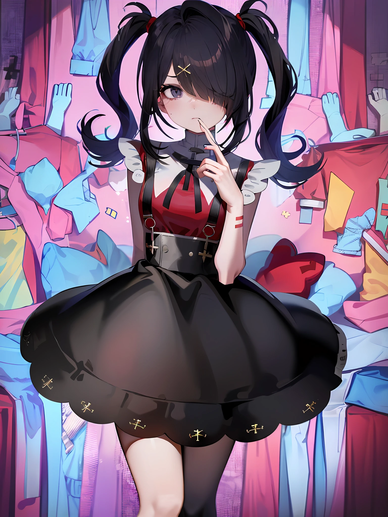 2d, anime art, (masterpiece:1.2), best quality, absurdres, ame-chan, red shirt, black skirt, twintails hairstyle, (hairpin cross:1.35), [purple eye : black eye : 0.15], (glowing eye:1.1), patches, looking at viewer, sad, upset, 
darkness background, ash fog,