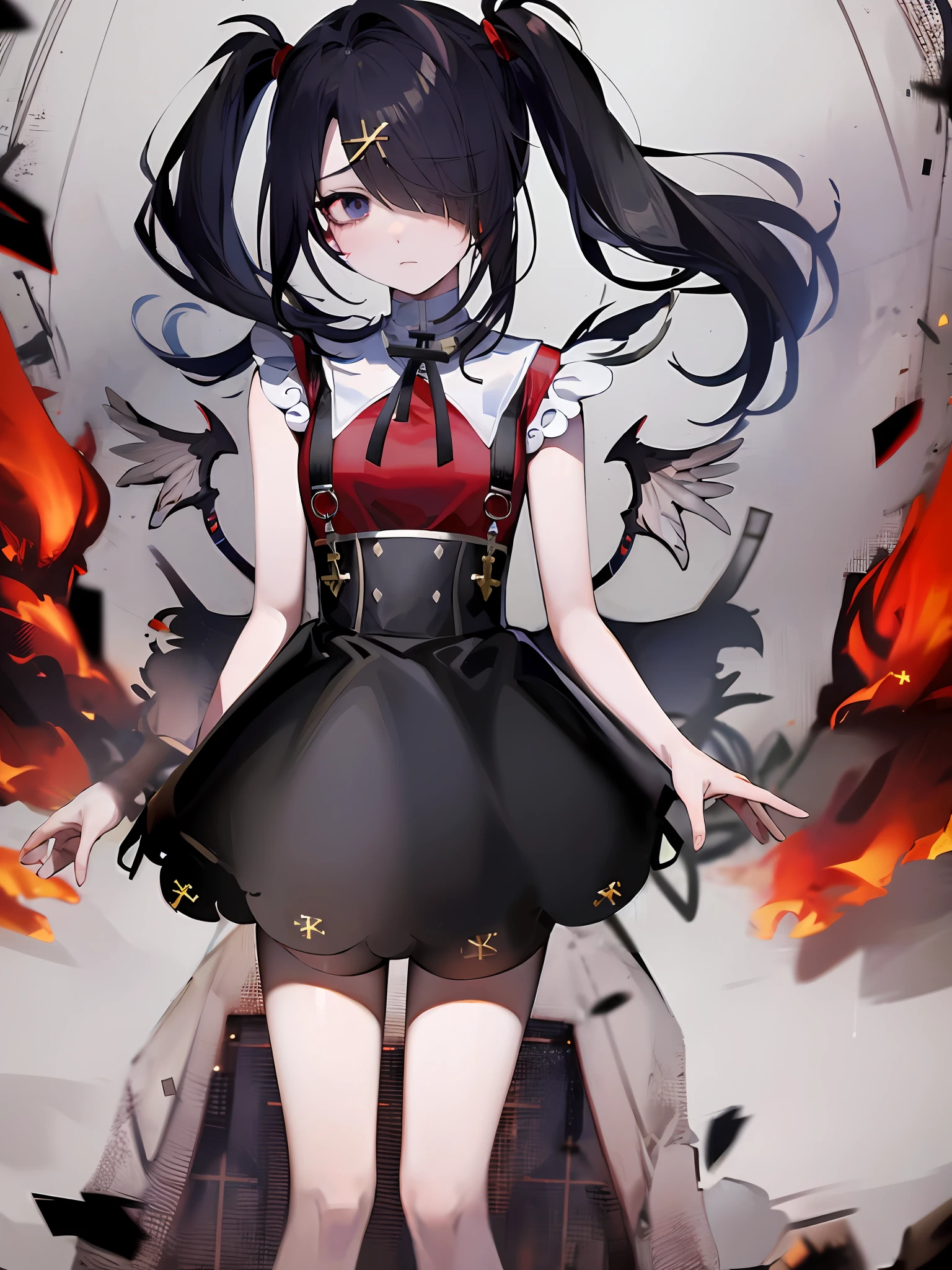 2d, anime art, (masterpiece:1.2), best quality, absurdres, ame-chan, red shirt, black skirt, twintails hairstyle, (hairpin cross:1.35), [purple eye : black eye : 0.15], (glowing eye:1.1), patches, looking at viewer, sad, upset, 
darkness background, ash fog,