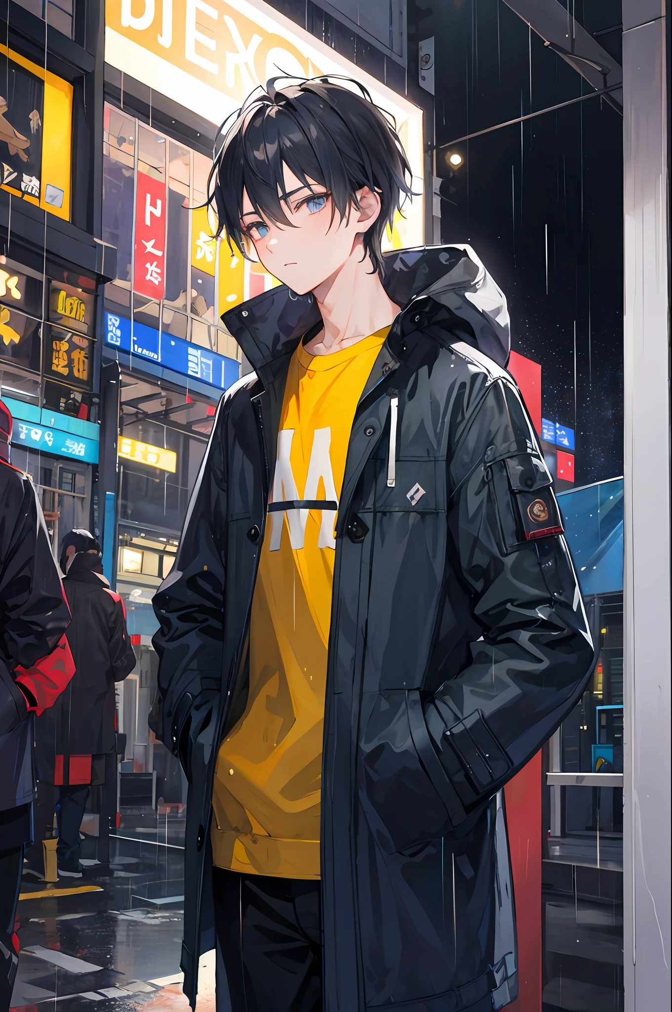 1boy,night city,rain,coat,hands in pockets