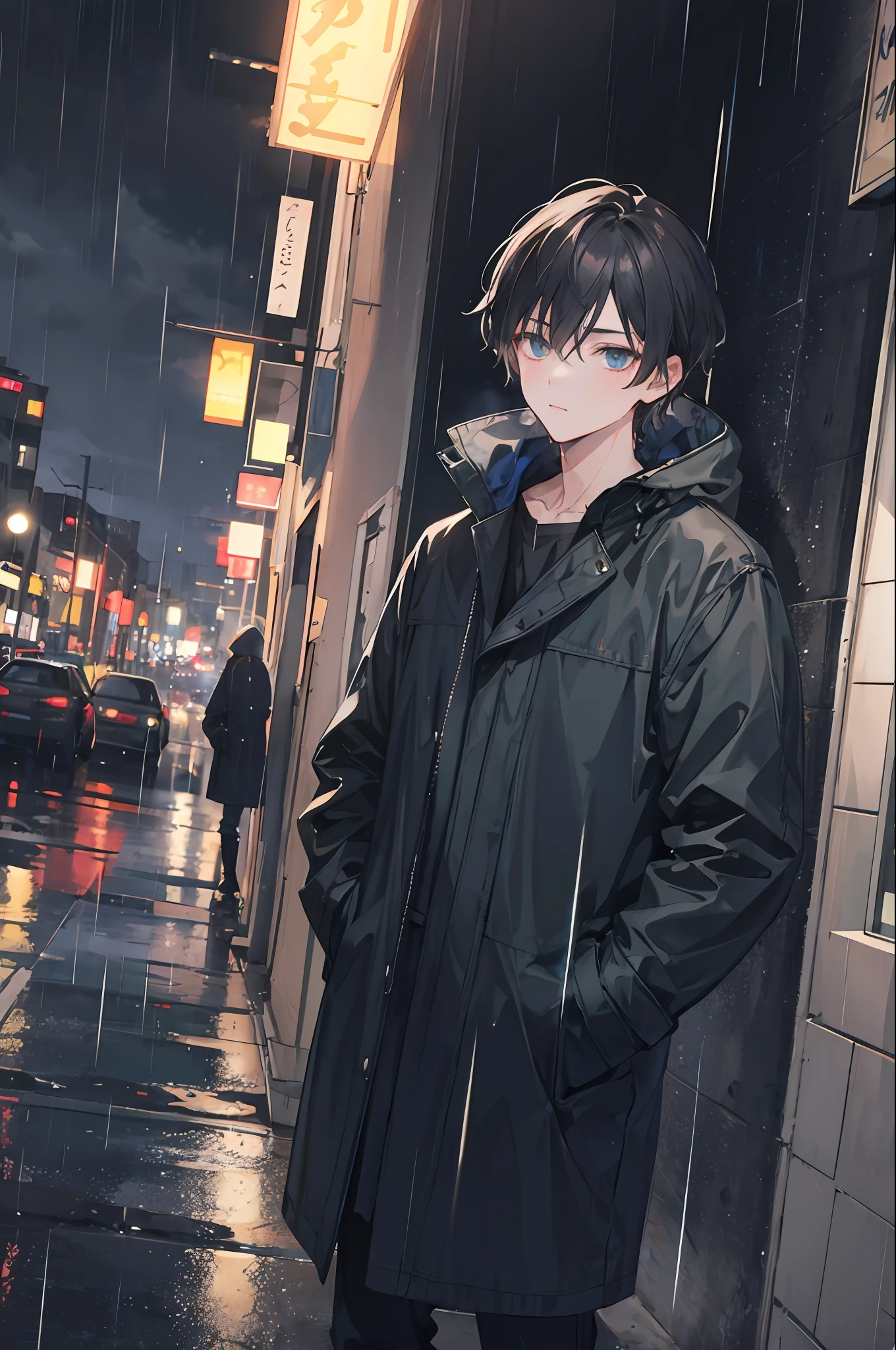 1boy,night city,rain,coat,hands in pockets