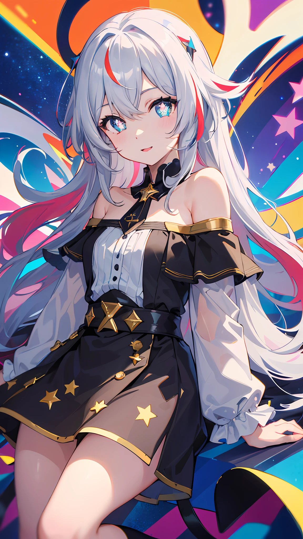 (masterpiece, best quality), ((1girl, (mature female) long hair), (star-shaped pupils, +_+, symbol-shaped pupils, sparkling eyes)), (looking at viewer, light smile, off shoulder), (multicolored background, abstract background, chromatic aberration),