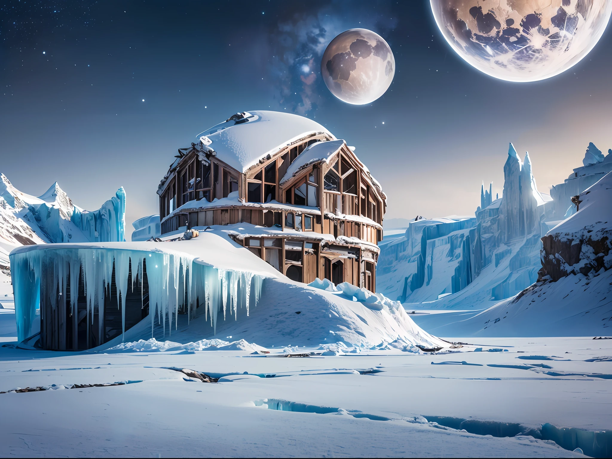 ((Masterpiece), (Best Quality), 8K, High Detail, Ultra Detail), (Ice Age, Polar Bear, Crystal House, Future, Sintan, Post-apocalyptic Wasteland, Frozen Landscape, Remnants of Civilization, Desolation)