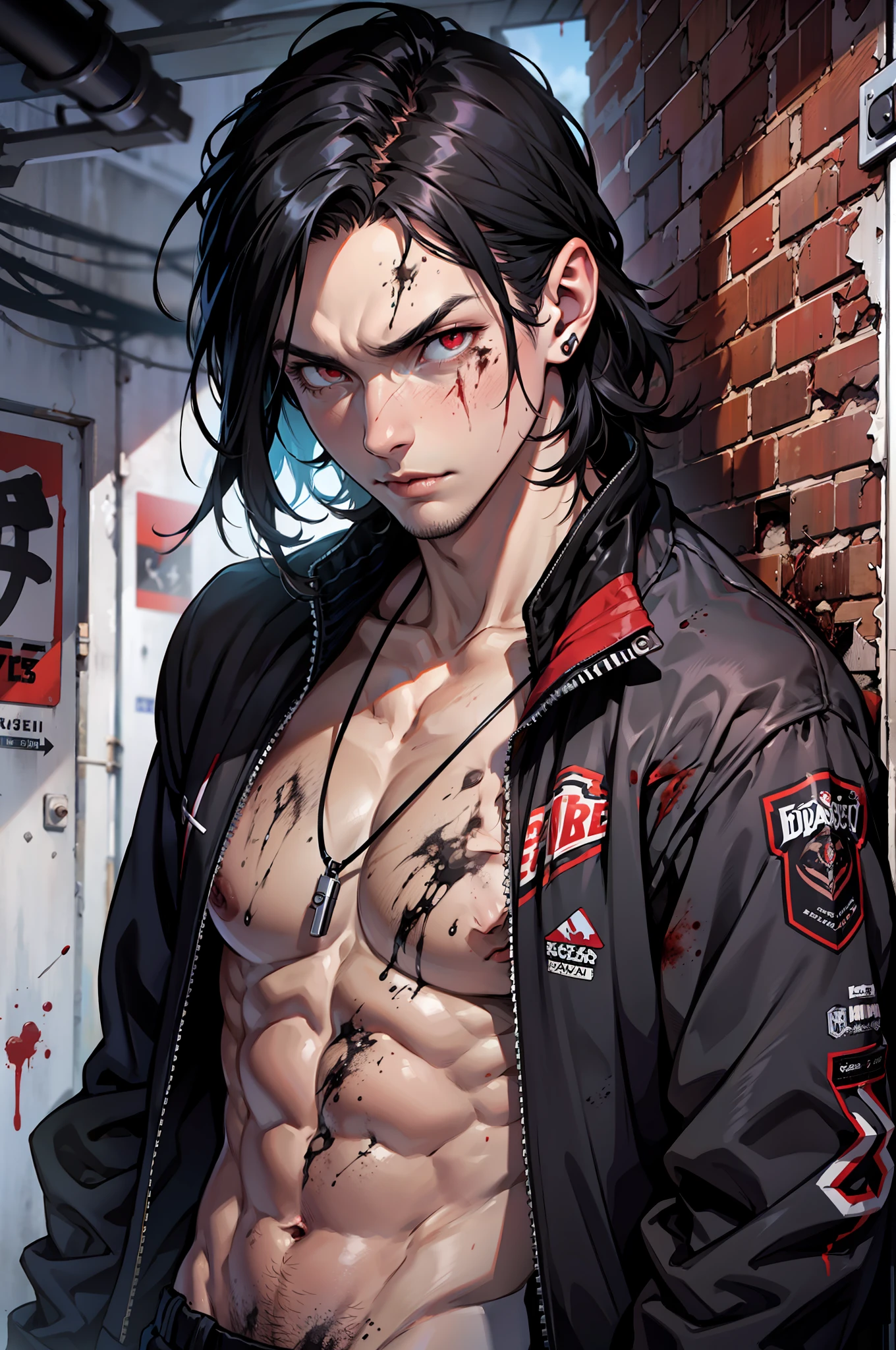 A man, murderous, thin and athletic body, very pale skin, long unkempt and dirty black hair, bright red eyes, crazed look, black and worn clothes, clothes with dirty, small blood stains, in a dark room