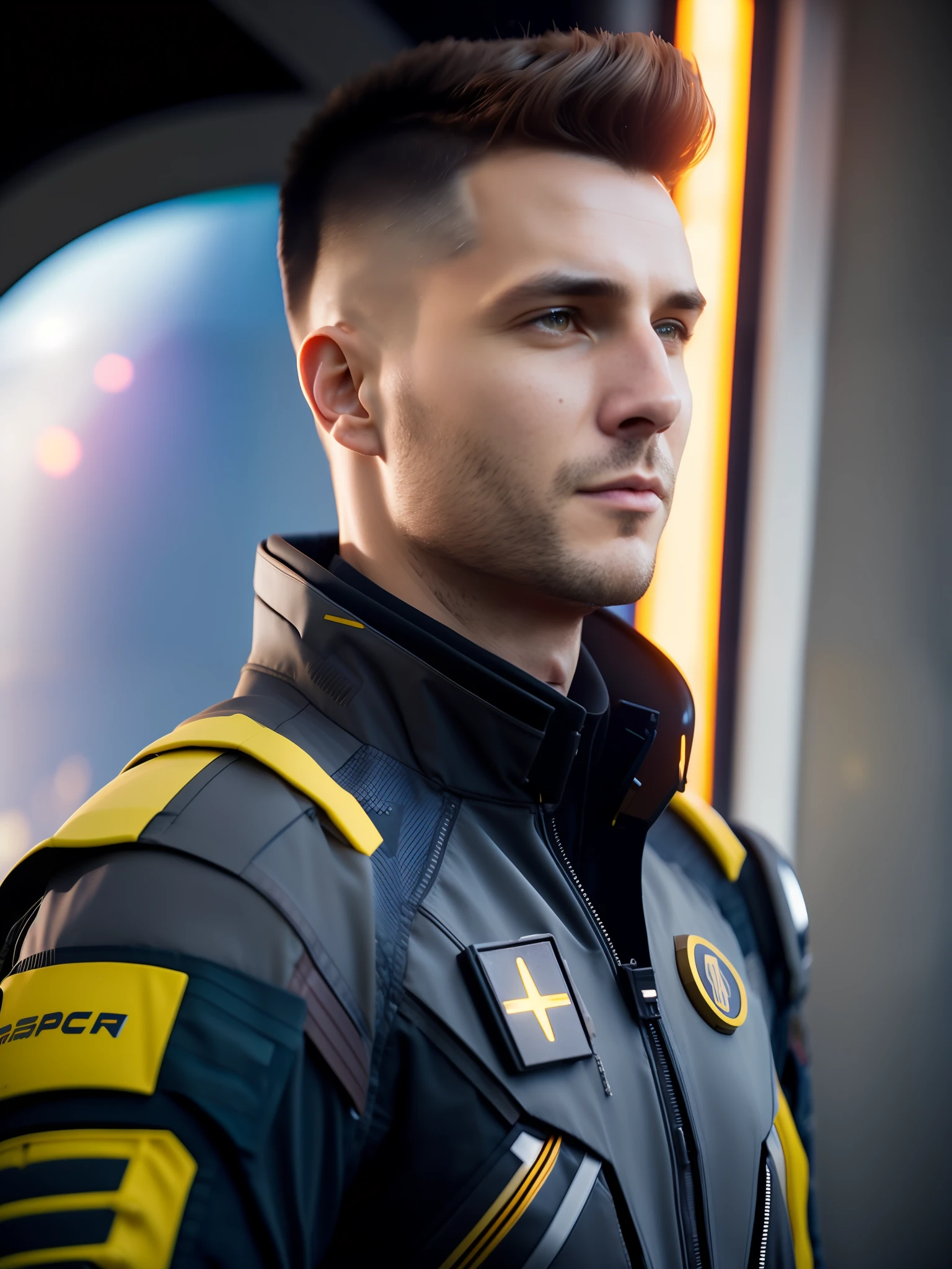 fking_scifi, award-winning photo of a man, black flight suit with yellow accents, brown hair, (gray eyes:1.35), square jawline, asymmetric face, standing in front of a window on a space ship, 80mm, bokeh, mass effect, close up, fking_cinema_v2
