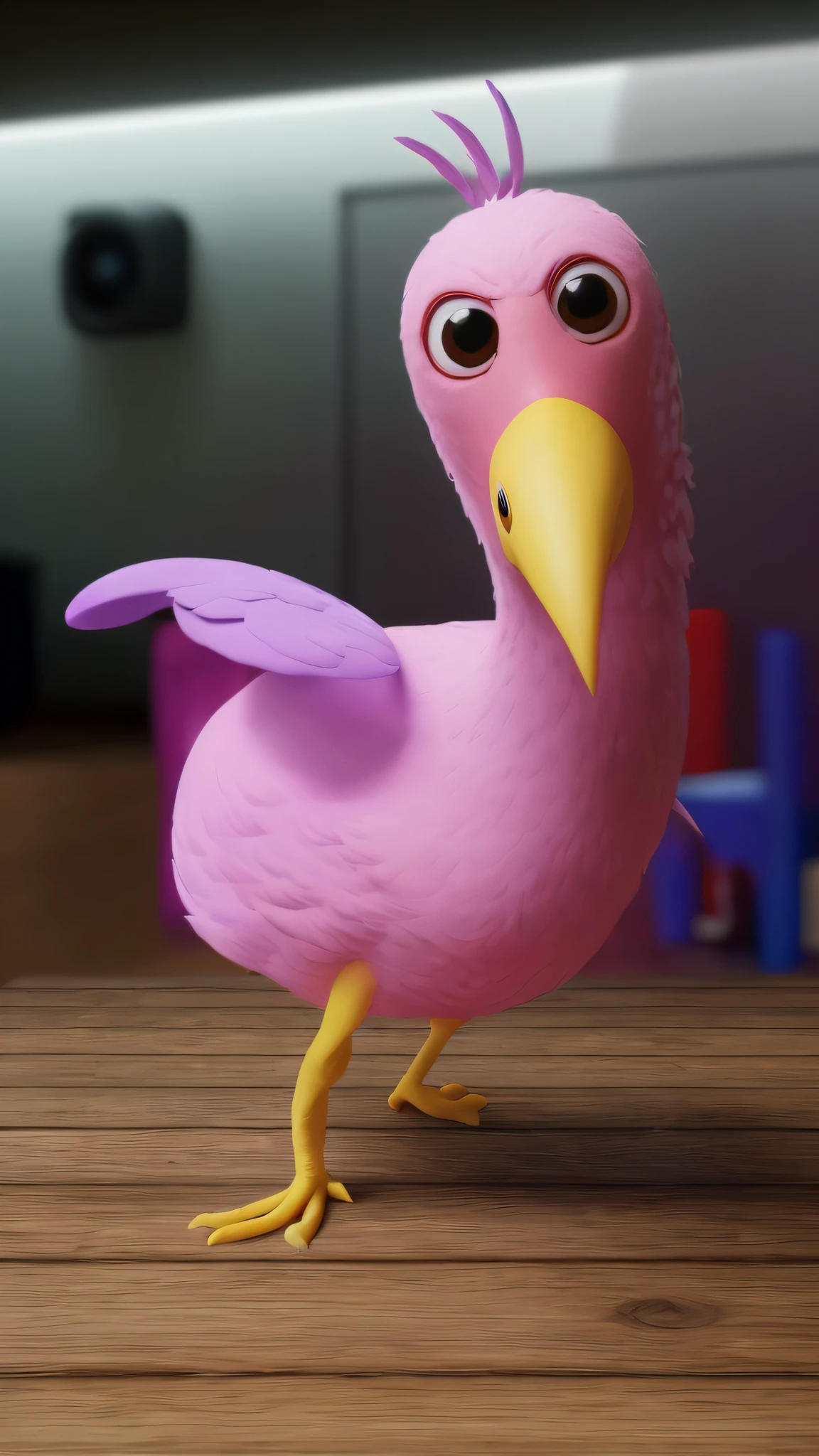 There is a pink bird with a yellow beak and a pink body, represented as a Pixar character, as a Pixar character, as a claymation character, render at Pixar, renderman Pixar Renderman, Pixar CGI, Pixar Renderman, Pixar Octane Render, Iconic Pink Character, Pixar 3 D Animation Style, Frame from Pixar Movie, Pixar Render, Pixar Animation, Hyper Detailed, High Quality, Detailed --auto