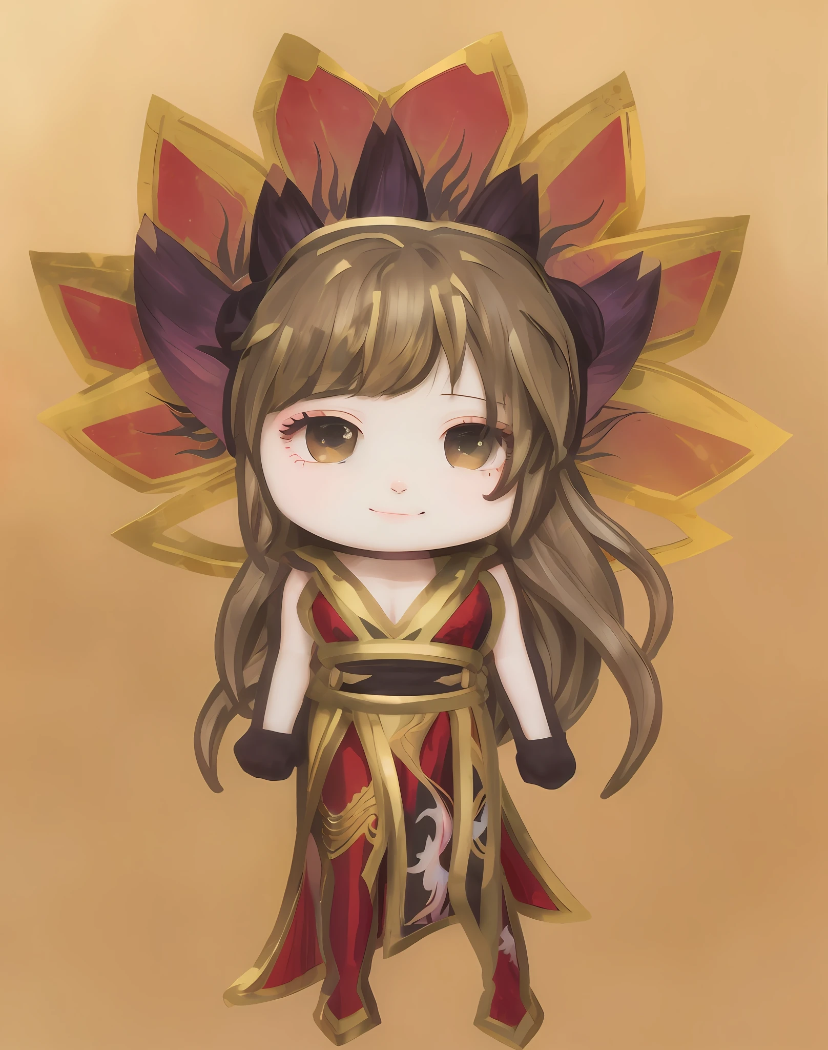 a cartoon girl with a flower in her hair, chibi, waifu, inspired by Takehisa Yumeji, kitsune inspired armor, appears as the fire goddess, ((wearing aristocrat robe)), shadowverse style, anime goddess, ((a beautiful fantasy empress)), kasumi arimura style 3/4, gilded lotus princess, visual novel sprite