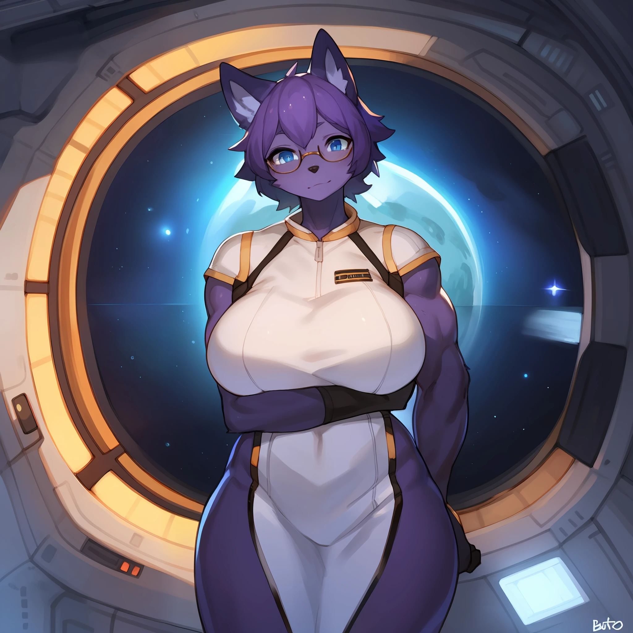 by buta99, by bebebebebe, by chelodoy, solo, female, standing, dark purple hair, short hair, glasses, blue eyes, detailed eyes, canine, dark purple fur, dark purple body, big breasts, muscular, buff, large, big, massice, biceps, tall, white spacesuit, spaceship, space, window, blue comet, blue lighting