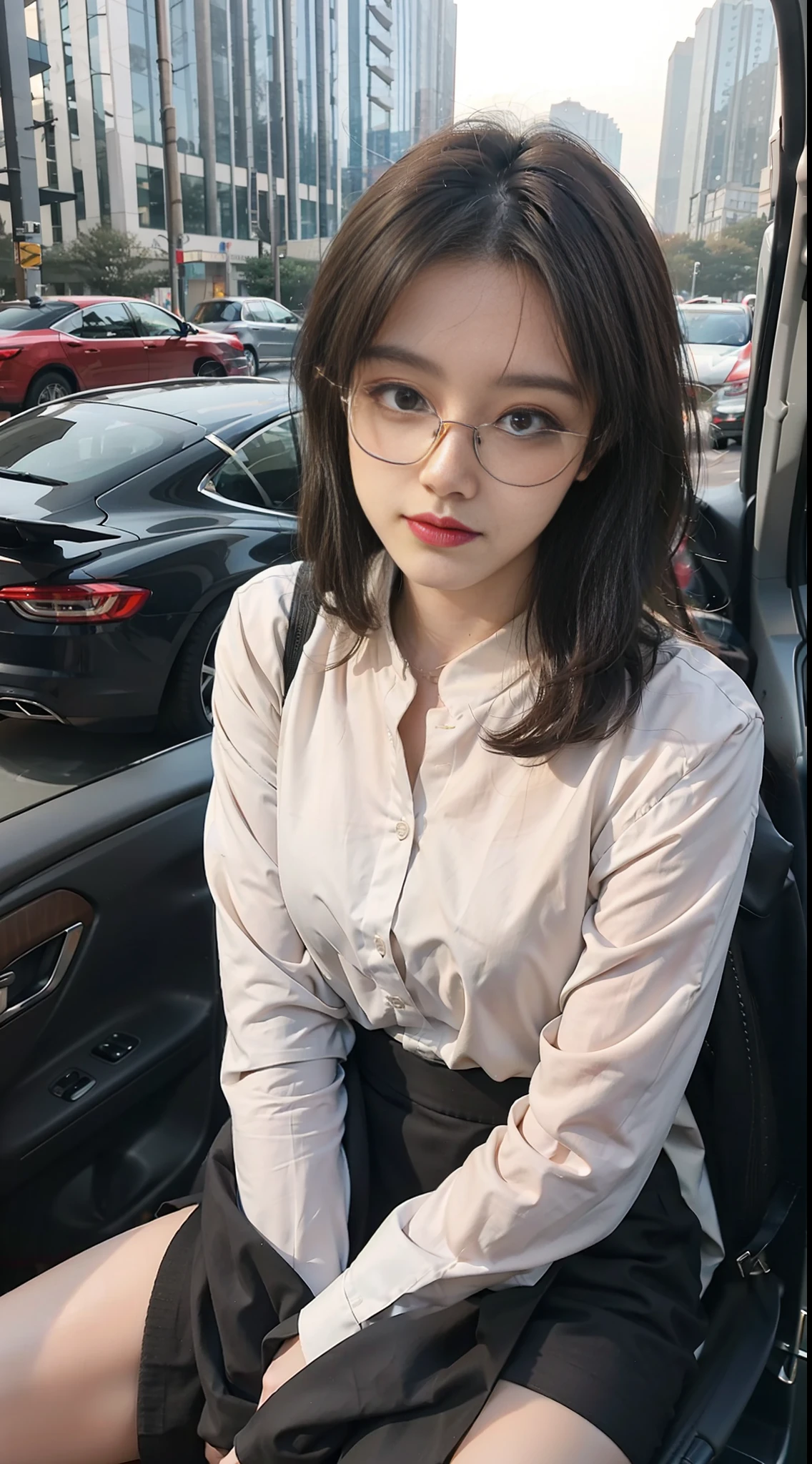 Best quality, full body portrait, delicate face, pretty face, 25 year old woman, slim figure, small bust, OL uniform, office clothes, black stockings, outdoor scene, sitting position, wearing glasses