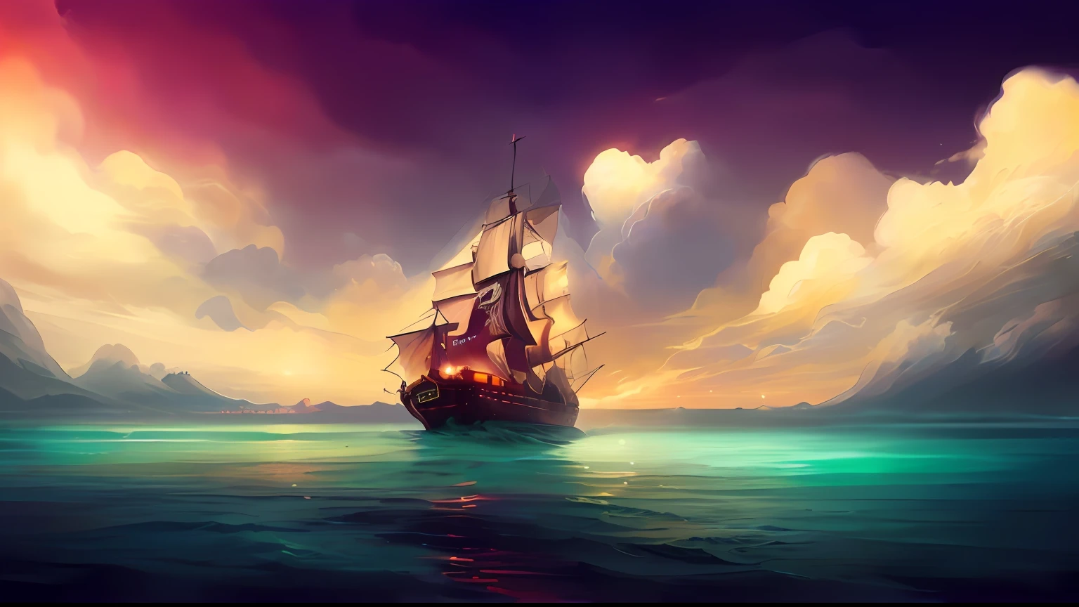 painting of a ship in the ocean with a cloudy sky, inspired by Cyril Rolando, in style of cyril rolando, beautiful digital painting, low detailed. digital painting, painted in high resolution, gorgeous digital painting, 4k highly detailed digital art, old pirate ship, one piece ship sailing, gothic ship on ocean, pirate ship, stunning digital painting